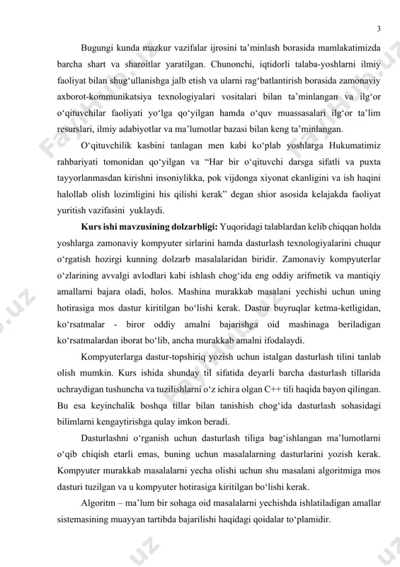 rdan iborat bo‘lib, ancha murakkab amalni ifodalaydi. kompyuterlarga dastur-topshiriq yozish uchun istalgan dasturlash tilini tanlab olish mumkin. kurs ishida shunday til sifatida deyarli barcha dasturlash tillarida uchraydigan tushuncha va tuzilishlarni o‘z ichiга olgan c++ tili haqida bayon qilingan. bu esa keyinchalik boshqa tillar bilan tanishish chog‘idа dasturlash sohasidagi bilimlarni kengaytirishga qulay imkon beradi. dasturlashni o‘rganish uchun dasturlash tiliga bag‘ishlangan ma’lumotlarni o‘qib chiqish etarli emas, buning uchun masalalarning dasturlarini yozish kerak. kompyuter murakkab masalalarni yecha olishi uchun shu masalani algoritmiga mos dasturi tuzilgan va u kompyuter hotirasiga kiritilgan bo‘lishi kerak. algoritm – ma’lum bir sohaga oid masalalarni yechishda ishlatiladigan amallar sistemasining muayyan tartibda bajarilishi haqidagi qoidalar to‘plamidir. dastur esa ana shu algoritmga mos ko‘rsatmalarning mashina tushunadigan tilda yozilgan ketma-ketligidan iboratdir. dasturlash - juda qiziqarli, ijodiy jarayon. bekorga dasturlashni san’at deb aytishmaydi. zamonaviy kishini dasturlash asoslari bilimlarisiz tasavvur etish qiyin. shuning uchun ham dasturlash maktablarda, litsey, kollej va boshqa o‘quv dargohlarida o‘qitilmoqda. …