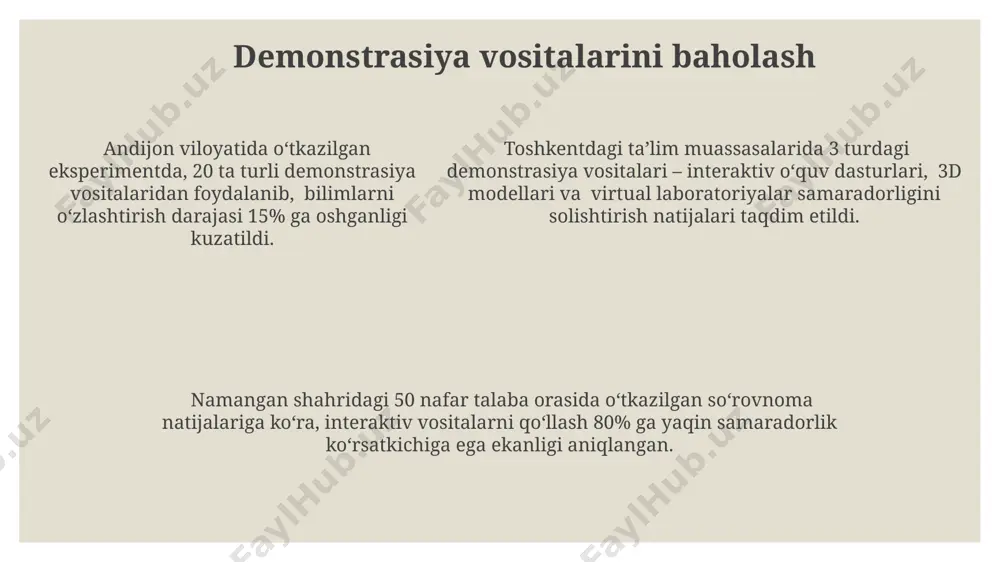 , masalan, 2d va 3d modellardan foydalaning, shuningdek, samarqanddagi tarixiy binolarning rasmlarini qo'shing. tomoshabinlarni jalb qilish uchun interaktiv o'yinlarni, masalan, 5 ta savol-javob bosqichini o'z ichiga olgan kvizni, toshkentdagi texnologiya muzeyidagi eksponatlar misolida qo'llang. e'tiboringiz uchun rahmat @taqdimot_robot