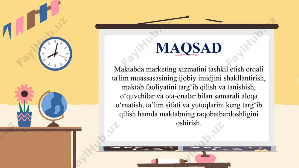 g‘ib qilish, yangi o‘quvchilarni jalb qilish va jamoat bilan aloqalarni yaxshilash imkoniyatiga ega bo‘ladilar. o‘zbekiston ta’lim sohasidagi islohotlar va global ta’lim tizimidagi o‘zgarishlar bu xizmatni joriy etishning zarurligini ko‘rsatadi. tavsiya maktablar o‘z xizmatlarini faqat ta’lim sifatini yuqori darajada taqdim etish orqali emas, balki pedagogik yondashuvlar, innovatsion texnologiyalar va akademik dasturlar orqali targ‘ib qilishni yo’lga qo’ysin; o‘z xizmatlarini keng jamoatchilikka taqdim etishda reklama kompaniyalarini va boshqa vizual media tarmoqlaridan foydalanish; ta’lim muassasalari global talabalarni jalb qilishga qaratilgan marketing strategiyalarini ishlab chiqadi. masalan, xxi asr ko’nikmalarini shakllantirishga asoslangan; xorijiy o‘quvchilarni o‘ziga jalb qilish uchun marketing strategiyalarini ishlab chiqish. e’tiboringiz uchun rahmat! image1.png image2.png image3.png image4.png image5.png image6.jpeg image7.jpeg image8.jpeg image9.jpeg image10.jpeg image11.png image20.svg image14.jpeg image15.png image16.png image12.jpeg image13.png image21.png image64.svg image22.png image60.svg image23.png image62.svg image24.png image6.svg image25.png image10.svg image17.png image26.png image68.svg image27.png image50.svg image28.png image22.svg image44.svg image18.png image52.svg image19.png image54.svg image20.png image56.svg image23.svg image25.svg image33.svg image29.png image30.png image31.png image32.png image33.png image42.png image38.png …