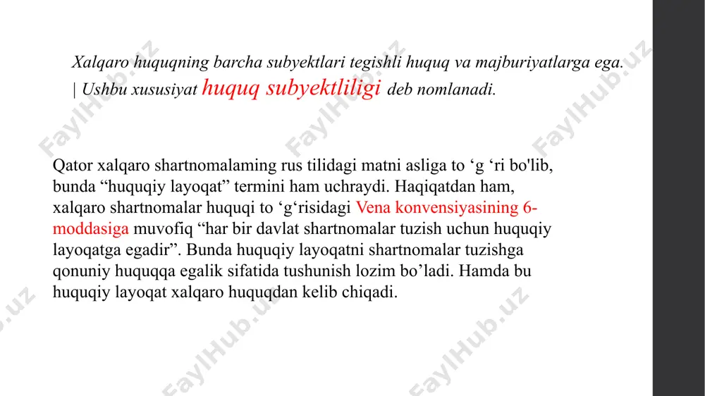 iyatni olishi; 4) ushbu majburiy atlarni bajarish qobiliyatiga ega bo‘lishi; 5) uni amalga oshirish uchun xohish-irodaning mavjud ekanligi. ushbu shartlaming barchasi вкгг tomonidan. y a ’ni xavfsizlik kengashi va bosh assambleya hamda tashkilotga a'zo davlatlar tomonidan baholanishi lozim. davlatning huquq subyektliligi xalqaro huquqning boshqa subyektlarining xohish istaklaridan qat’i nazar, uning mavjudligiga qadar saqlanib qolishi lozimdir. doimiy (turg‘un) aholi va hudud - bu davlatning katta ahamiyatga ega bo'lgan belgisi hisoblanadi. aholi soni va hudud o ‘lchami davlatning xalqaro huquq subyektliligiga ta ’sir qilmaydi. hukumat yoki davlat hokimiyati organlari — bu aholi va hududlami boshqarish va nazorat qilish davlat hokimiyatining ma’lum bir organlari amalga oshiradi hamda ushbu organlar xalqaro miqyosda davlat vakili sifatida qatnashadilar. amalga oshiriladigan nazorat va boshqaruv ma’lum darajada samarali bo‘lishi lozim bo‘ladi. xalqaro munosabatlarga kirishish qobiliyati — bu davlatning xalqaro huquq subyekti sifatidagi zarur belgisi bo‘lib hisoblanadi. xalqaro huquqning boshqa subyektlari bilan o ‘zaro munosabatlarga kirishayotgan davlat xalqaro huquqdan …