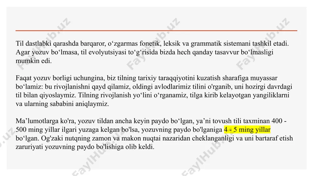 dea» - tushuncha va «grapho» - yozaman degan so‘zlardan tashkil topgan) yozuv paydo bo‘ldi. ba’zi olimlar yozuvning bu turini logografik (grekcha «logos» - so‘z va «grapho» - yozaman degan so'zlardan tashkil topgan) yozuv deb atashadi, chunki bunday yozuvda undagi simvollar faqat bizni o‘rab turgan muhitdagi narsalami aks ettirmay, tildagi so‘zlarni ham aks ettiradi. tildagi har bir so‘z o‘z simvoliga ega bo‘ladi. ideografik (logografik) yozuvning birligini ideogramma (logogramma) deb yuritishadi. 5 fonografik yozuv fonografik yozuv bir turli bo‘lmay, u ham ko‘p ko‘rinishlarga ega. shulardan biri - sillabik yoki bo‘g‘in yozuvidir. bu yozuv qo‘shma so‘zlarni mayda qismlarga bo‘lish yo‘li bilan paydo bo‘ldi. bu mayda qismlar hozirgi vaqtdagi bo‘g‘inlarga to ‘g‘ri keladi. shunday qilib, iyerogliflar bo‘g‘inlarni ifodalaydigan bo‘ldi. u yoki bu so‘zni yozish lozim bo‘lsa, ana shu bo‘g‘inlarni bir-biriga qo‘shish usuli bilan tuzishar edi. yozuvning bu turi eng progressiv bo‘lib, ko‘p jihatdan iyeroglifik va sillabik yozuvdan afzalliklari bor. dunyodagi alifbolar son jihatdan turlichadir. …