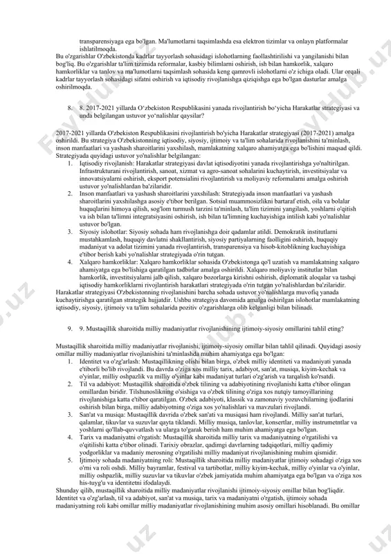 lohotlar, texnologik innovatsiyalar va ishlab chiqarishning qulayliklari, xususiy sohalarda yangiliklarni qabul qilish va ulkan savdo tarmoqlari yaratishga imkon berish kabi muammolar hal qilinishi kerak. 4. iqtisodiy reformalar va institutsional rivojlanish: mustaqil taraqqiyot uchun iqtisodiy reformalar va institutsional rivojlanish keng muhimdir. byudjet siyosati, soliq tizimi, biznes muhitini yanada yaxshilash, yuridik va ijtimoiy normativ-huquqiy kadrlarni isloh qilish, korruptsiyaga qarshi kurash, savdo faoliyatini soddalashtirish va moliyaviy tizimni rivojlantirish kabi muammolar hal qilinishi zarur. 5. inson manbalari va ta'lim: yeterli va sifatli ta'lim tizimi, talabalar va mutaxassislar tayyorlash, ilmiy-tadqiqot faoliyati va inson manbalari samarali foydalanish muhimdir. ta'lim sohasidagi muammolar, tarbiyalanish tizimi, innovatsion va texnologik imkoniyatlar, talabalar va talabalar orasidagi barqaror aloqa kabi masalalar taraqqiyotning birinchi bosqichida hal qilinishi lozim. bu sohalarda taraqqiyotning dastlabki bosqichida muammolar tashkil etadi. ularning hal qilinishi, investitsiyalar, qonun hujjatlari, institutsional islohotlar, xorijiy moliyaviy yordamlar, xalqaro hamkorliklar va innovatsiyalar orqali amalga oshirilishi kerak. asosiy qonunimiz qabul qilinishi bilan yurtimiz xayotida qanday …