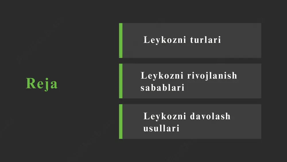 hujayralardir. limfoblastlar limfotsitlarning dastlabki bosqichidir, mieloblastlar esa mieloid hujayralar uchun boshlang'ich bosqichdir. genetik mutatsiyalar: leykozni rivojlantiradigan asosiy omil genetik o'zgarishlardir, masalan, philadelphia xromosomasining mavjudligi yoki boshqa genetik mutatsiyalar. leykozni turlari leykozni rivojlanish sabablari genetik omillar viruslar va infektsiyalar immunitet tizimi va o'z-o'zini hujum qilish atrof-muhit omillari irsi yoki genetik mutatsiyalar: leykozni rivojlanishida genetik omillar muhim rol o'ynaydi. ayrim odamlar genetika orqali leykozga moyil bo'lishi mumkin. viruslar: ba'zi viruslar leykozni keltirib chiqarishi mumkin. misol uchun, epstein-barr virusi (ebv) va htlv-1 virusi (gumanitariya leykozi virus) ba'zi turdagi leykozni rivojlanishiga sabab bo'lishi mumkin. autoimmun kasalliklar: ba'zi autoimmun kasalliklar, masalan, lupus yoki rheumatoid artrit, organizmning o'z hujayralariga qarshi hujum qilishiga olib keladi, bu esa leykoz rivojlanishiga imkon yaratishi mumkin. kimyoviy moddalar: kimyoviy moddalar, masalan, benzol, pestisidlar va radionuklidlar leykozning rivojlanishiga ta'sir qilishi mumkin. leykozni rivojlanish sabablari kimyoviy yoki farmatsevtik vositalar kimyoviy davolash vositalari: kimyoterapiya yoki boshqa yirik kimyoviy davolash vositalari uzoq muddatli ta'siridan so'ng …