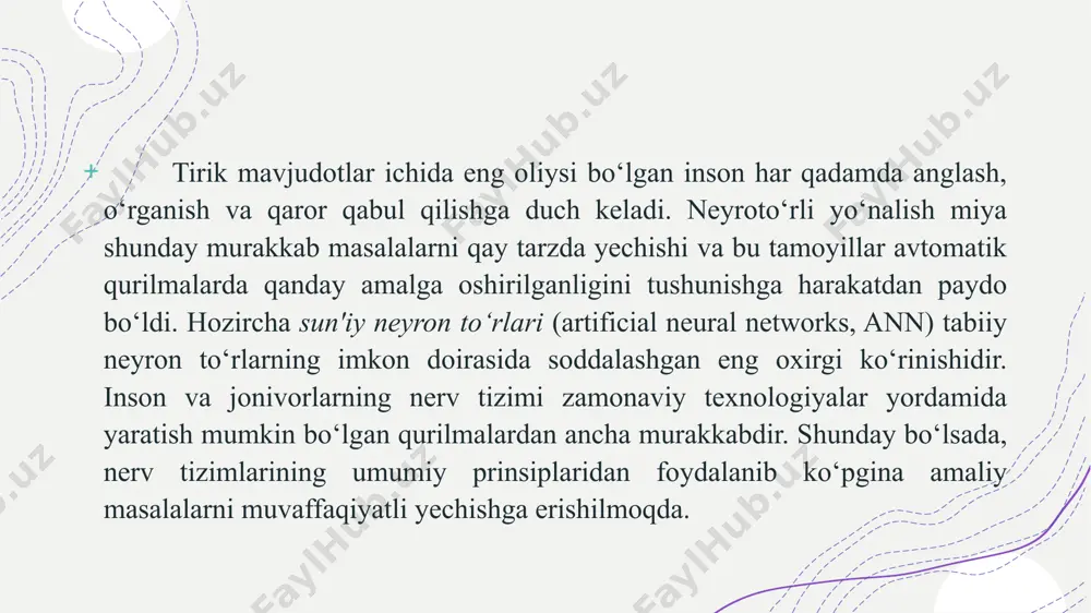 onidan bir neyronning dendriti va boshqa neyronning aksoni o'rtasidagi bog'lanish zonasini bildirish uchun kiritilgan. bu atama neyron va skelet mushak tolasi orasidagi aloqa zonasini nomlash uchun ham ishlatiladi. yuqoridagi rasmda ikkita odatdagi biologik neyronlar ko‘rsatilgan. dendritlar nerv katagidan boshqa neyronlarga boradi va ular sinaps deb nomlanuvchi bog‘lanish nuqtalarida signallarni qabul qiladi. sinaps tomonidan kirish signallari neyron tanasiga keltiriladi. bu yerda ular yig‘iladi, ayrimlari neyronni qo‘zg‘atishga harakat qilsa, boshqalari neyronni qo‘zg‘atishga to‘sqinlik qiladi. neyron tanasidagi qo‘zg‘atishlar jamlanmasi (yig‘indisi) qandaydir bo‘sag‘adan oshsa neyron qo‘zg‘aladi va aksonlar orqali boshqa neyronlarga signal jo‘natadi. bu asosiy funksional sxemaning juda ko‘p murakkabliklari va istisnolari borligiga qaramasdan, aksariyat snt faqat ushbu sodda xossani modellashtiradi. types of neurons neyronlarning turlari neyronlarning har xil turlari mavjud bo’lib, ularning funktsiyalariga ko'ra ularni quyidagilarga ajratish mumkin: • sensor neyronlar ular bir nechta neyronli bo'lmagan impulslarga sezgir. teri, mushaklar, bo'g'inlar va ichki organlarda, masalan, bosim, harorat va og'riqni qayd etish uchun sezgir …