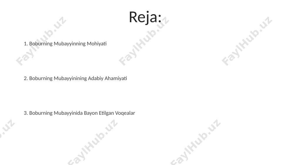 , tog'lar va daryolarga oid tafsilotlar, mavjud. siyosiy voqealar va boburning mubayyin boburning "mubayyin" asari 16-asrda, samarqand va hindiston voqealari, jumladan, 1526 yildagi panipat jangini batafsil tasvirlaydi, siyosiy intrigalar va harbiy strategiyani yoritib beradi. kitobda temuriylar sulolasining qulashi, buxoro, samarqand kabi shaharlardagi hokimiyat kurashi va boburning hindistondagi yangi imperiyasini barpo etishdagi siyosiy harakatlari tahlil qilinadi. mubayyin, boburning shaxsiy tajribalari orqali movarounnahr va hindistonning 16-asr siyosiy landshaftini aks ettiradi, 50 dan ortiq shaxs va joy nomlarini qayd qiladi. madaniy hayot va boburning mubayyin boburning "mubayyin" asari 1530-yillarda hindistonning agra shahrida yozilgan bo'lib, unda 16-asr o'rta osiyo va hindiston madaniyati, siyosati va ijtimoiy hayoti haqida qimmatli ma'lumotlar mavjud. mubayyin, boburning shaxsiy kundaligi bo'lib, unda 300 dan ortiq bob va minglab sahifalar davomida, uning hayoti, harbiy yurishlari, diplomatik aloqalari va turli madaniyatlar bilan bo'lgan munosabatlari tafsilotlari aks etgan. asarda samarqand, hirot va agra kabi shaharlarning 16-asrda me'morchiligi, adabiyoti, san'ati va hunarmandchiligi, shuningdek, 50 …