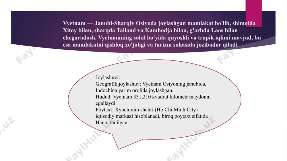 rtlari orqali tashish ham katta rol o'ynaydi. poytaxtlar va boshqa yirik shaharlar o'rtasida temir yo'l va avtobus xizmatlari mavjud. shunday qilib, vyetnam janubiy osiyodagi iqtisodiy jihatdan o'sib borayotgan, o'zining qishloq xo'jaligi va sanoatga tayanadigan, ammo xizmatlar sektoriga ham katta ahamiyat beradigan mamlakatlardan biridir. iqtisodiy o'sish: vyetnam iqtisodiyoti, asosan, yangi sanoat va eksportga yo'naltirilgan ishlab chiqarishni rivojlantirishga asoslangan. mamlakat tez o'sayotgan iqtisodiyotga ega va 2000-yillarning boshlaridan buyon yildan-yilga yuqori o'sish sur'atlarini ko'rsatmoqda. biroq, vyetnam hali ham kam rivojlangan mamlakatlar qatoriga kiradi va uning iqtisodiyoti ko'plab rivojlanish imkoniyatlari bilan to'la. janubiy vyetnam yoki vyetnam respublikasi (vyetnamcha: việt nam cộng hòa) – janubiy vyetnamda „vetnam davlati“ning sobiq boshligʻi qoʻgʻirchoq imperator bao-dayning agʻdarilishi natijasida 1955-yilda tashkil topgan. maydoni 171 ming kvadrat kilometr. aholisi 12,5 milion kishidan ortiq. markazi saygon shahri (aholisi 2 million kishi). sanoati janubiy vyetnam iqtisodiy jihatdan amerika va fransuz kapitaliga qaram boʻlgan. iqtisodiyotining asosiy tarmogʻi qishloq xoʻjaligi hisoblanadi. bu yerda oʻtkazilgan …