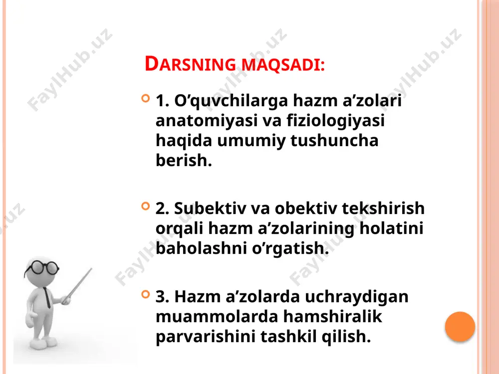 ajas hosil qilish jarayonida ishtirok etadi. hazm a’zolari kasalliklarini tasnifi 1. yallig‘lanish kasalliklari ezofagit – qizilo‘ngach yallig‘lanishi gastrit – oshqozon shilliq qavati yallig‘lanishi enterit – ingichka ichak yallig‘lanishi kolit – yo‘g‘on ichak yallig‘lanishi pankreatit – oshqozon osti bezi yallig‘lanishi xolesistit – o‘t pufagi yallig‘lanishi 2. yara kasalliklari oshqozon yarasi o‘n ikki barmoqli ichak yarasi 3. infeksion kasalliklar botulizm ich terlama dizenteriya salmonellyoz gepatitlar (a, b, c va boshqalar) 4. parazitar kasalliklar giardioz askaridoz exinokokkoz 5. funksional buzilishlar dispepsiya (hazm qilish buzilishi) ich qotishi (qabziyat) ich ketishi (diareya) 6. o‘sma kasalliklari poliplar qizilo‘ngach, oshqozon va ichak saratoni hazm a’zolar muammolarida bemorlarni tekshirish usullari 1. subektiv – so’rab surishtirish 2. obektiv – ko’zdan kechirish, palpatsiya, perkussiya, auskultatsiya. 3. laborator tekshirish 4. instrumental tekshirish subektiv tekshirish 1. pasport ma’lumotlari – bemorning ism familiyasi, yoshi, yashash joyi so’raladi 2. bemor shikoyatlari ( og’riq, og’riqni turi, vaqti, ovqatlanishga bog’liq yoki bog’liq emasligi) masalan: jadal bo’lmaga …