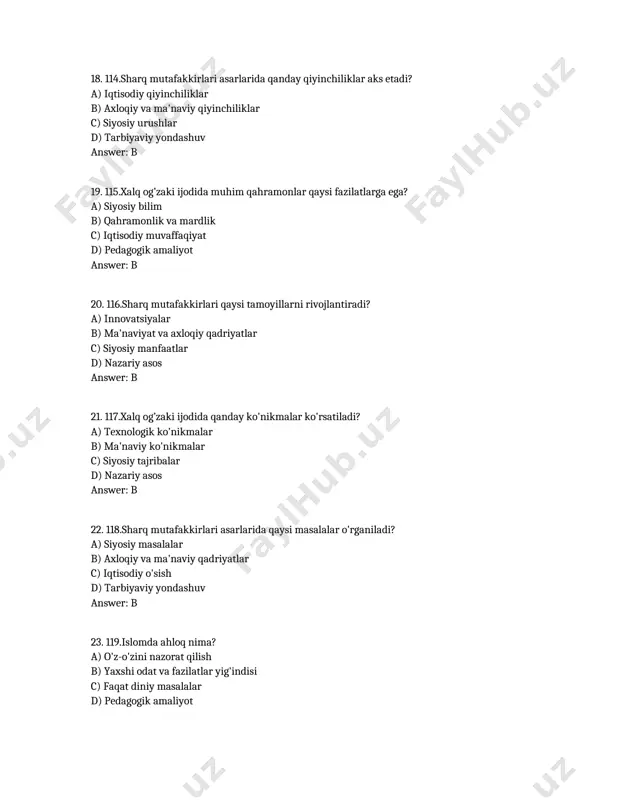 arni o'rganish d) pedagogik amaliyot answer: b 36. 130.ahloqiy xulq-atvor qaysi jihatlarga ta'sir qiladi? a) nazorat va ta'sir b) ijtimoiy muhitga c) siyosiy qarorlar d) tarbiyaviy yondashuv answer: b 37. 131.ilm egallash jarayonida nimalarga e'tibor berish kerak? a) nazorat qilish b) o'z fikr va qarorlariga c) faoliyatga bog'liq d) nazariy asos answer: b 38. 132.islomda ilm egallashning birinchi manbai nima? a) o'qituvchilardan b) qur'ondan c) ijtimoiy tarmoqlardan d) tarbiyaviy yondashuv answer: b 39. 133.ahloqiy fazilatlarni rivojlantirish uchun nima qilish kerak? a) nazoratni kuchaytirish b) o'z-o'zini tarbiyalash c) o'quvchilarni nazorat qilish d) tarbiyaviy yondashuv answer: b 40. 134.islom ta'limotida ilm va ahloq o'rtasidagi bog'lanish qanday? a) o'zaro munosabat yo'q b) ahloqiy fazilatlar ilmni mustahkamlaydi c) siyosiy ta'sirlar d) pedagogik amaliyot answer: b 41. 135.ilmni o'rganishdagi sabr-toqatning ahamiyati nima? a) o'qituvchilarning nazorati b) bilim egallash jarayonida zarur c) siyosiy sabr d) nazariy asos answer: b 42. 136.ahloqiy xulq-atvorni qanday shakllantirish mumkin? a) …