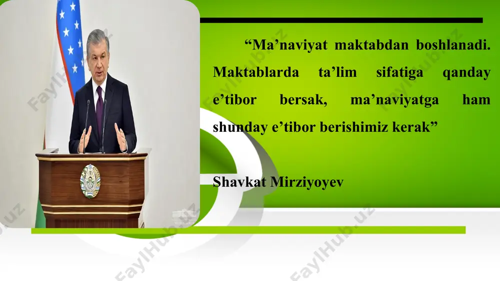 li ta’lim muhitida axloqiy qadriyatlarni shakllantirish yo‘llarini aniqlash maktabdagi axloqiy va milliy qadriyatlarning real holatini baholash pedagogik jamoada axloqiy va milliy qadriyatlar targ’ibotini olib borish vazifalar 7 xorijiy davlatlar tajribalari kanada - maktablarda demokratiya, tenglik, inson huquqlari va ijtimoiy adolat bo’yicha maxsus dasturlar mavjud. o’quvchilarga internet madaniyati va axloqiy qadriyatlar o’rgatiladi niderlandiya - ta’lim tizimi ochiqlik, erkinlik va ijtimoiy ma’suliyat kabi qadriyatlarni shakllantirishga asoslangan. o‘quvchilarga tanqidiy fikrlash va ijtimoiy adolat muhim qadriyat sifatida o‘rgatiladi yaponiyada - “gakko seikatsu” - maktab hayoti madaniyati dasturi asosida o‘quvchilarda jamoaviy ma’suliyat va o‘zaro yordam tushunchasi rivojlantiriladi. maktab hayotida axloqiy va ijtimoiy qadriyatlar doimiy ravishda singdiriladi t/r amaldagi holat (o‘zbekistonda) amaldagi holat (xorijda) takliflar 1 ta’lim muassasalarida axloqiy tarbiya, milliy urf odatlarni targ‘ib qilish, ota onalar bilan hamkorlik qadriyatlari shakllangan kanada - maktablarda demokratiya, tenglik, inson huquqlari va ijtimoiy adolat bo‘yicha maxsus dasturlar mavjud. o‘quvchilarga internet madaniyati va axloqiy qadriyatlar o‘rgatiladi faol fuqarolik axloqiy tarbiya …