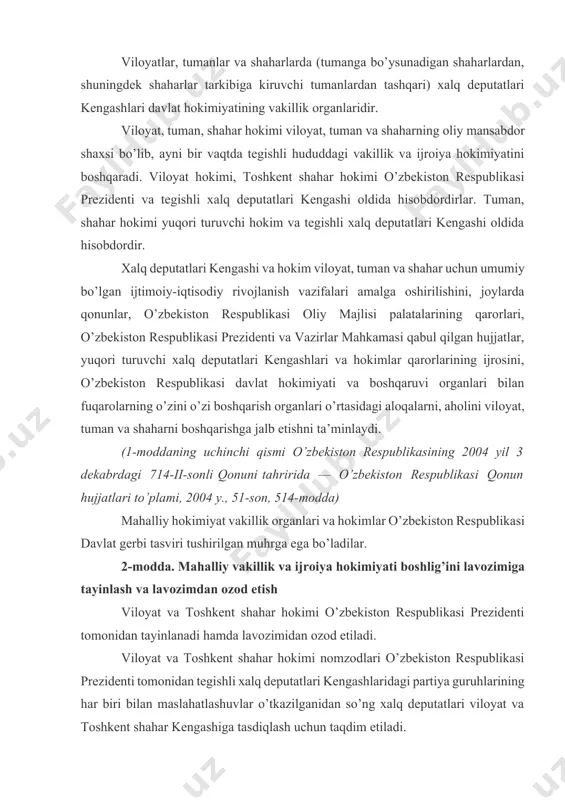 rezidenti tomonidan tayinlanadi hamda lavozimidan ozod etiladi. viloyat va toshkent shahar hokimi nomzodlari o’zbekiston respublikasi prezidenti tomonidan tegishli xalq deputatlari kengashlaridagi partiya guruhlarining har biri bilan maslahatlashuvlar o’tkazilganidan so’ng xalq deputatlari viloyat va toshkent shahar kengashiga tasdiqlash uchun taqdim etiladi. tegishli xalq deputatlari kengashi deputatlari umumiy sonining ko’pchilik ovozini olgan viloyat va toshkent shahar hokimi nomzodi tasdiqlangan hisoblanadi. agar ovoz berish vaqtida viloyat va toshkent shahar hokimi nomzodlari tegishli xalq deputatlari kengashi deputatlari umumiy sonining ko’pchilik ovozini ololmasa, o’zbekiston respublikasi prezidenti mazkur lavozimlarga nomzodlarni partiya guruhlari bilan qo’shimcha maslahatlashuvlar o’tkazganidan so’ng bir oy ichida yana ikki marta taqdim etish huquqiga ega. tegishli xalq deputatlari kengashi taqdim etilgan viloyat va toshkent shahar hokimi nomzodlarini uch marta rad etgan taqdirda, o’zbekiston respublikasi prezidenti viloyat va toshkent shahar hokimi vazifasini bajaruvchini tayinlash, tegishli xalq deputatlari kengashini tarqatib yuborish huquqiga ega. bunda xalq deputatlari viloyat va toshkent shahar kengashlariga saylov tarqatib yuborish to’g’risida qaror …