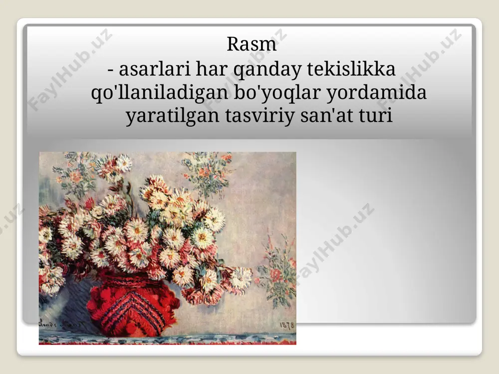 rasmini quruq yuzada tugatadi, mayda detallar va naqshlarni elim va tsement bilan aralashtirilgan bo'yoq bilan ishlaydi tayyor devor qog'ozi issiq mum bilan parlatiladi, bu unga yoqimli mat qoplama beradi freskalarning paydo bo'lishining aniq sanasi ma'lum emas, ammo ibtidoiy rassomlar g'or devorlarida fresk tasvirlarini yaratishgan. o'shandan beri fresk keng tarqaldi. qadimgi qabrlar freskalar bilan bezatilgan qadimgi saroylar freskalar bilan bezatilgan qadimgi cherkovlar freskalar bilan bezatilgan mozaika мозаики антонио гауди. парк гуэль в барселоне mozaika-ko'p rangli toshlardan, smaltlardan, keramik plitalardan va boshqalardan to'plangan chiroyli tasvirlar. lat. musivum-muzeylarga bag'ishlangan (asar) boshqa ism - bu rasm chizish mozaika to'plami uchun kichik kublar tesserlar (lat. tessegae-plitkalar), ular turli xil materiallardan tayyorlanishi mumkin mozaik panellarni yaratish uchun an'anaviy material - smalt rangli shaffof bo'lmagan shisha bo'laklari smaltaning ijobiy xususiyatlari: inson tomonidan yaratilgan material (har bir kub boshqasidan farq qiladi) boy ranglar palitrasi (bir necha ming rang) rangning mustahkamligi yorqin effekt chidamlilik mozaikani yaratish uzoq, ko'p vaqt …