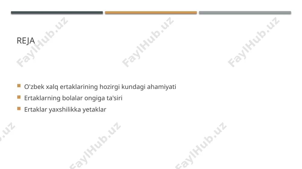 iyatni yashatadi. 3 ta'lim va tarbiya ertaklar, bolalarning ma'naviy tarbiyasida muhim rol o'ynaydi, axloqiy qadriyatlarni o'rgatadi va ularni o'z xalqining merosi bilan tanishtiradi. ertaklar orqali yaxshilik va axloqiy qadriyatlarni o'rgatish. 1 ertaklarning ta'siri o'zbek xalq ertaklari bolalarga yaxshi va yomonni ajratishga yordam beradi, bu esa ularning axloqiy qadriyatlarini shakllantirishda muhim rol o'ynaydi. 2 qadriyatlarni o'rgatish ertaklar orqali bolalarga halollik, mehr-muhabbat va sabr kabi axloqiy qadriyatlarni o'rgatish mumkin, bu ularning shaxsiy rivojlanishiga xizmat qiladi. 3 misollar va darslar o'zbek ertaklaridagi qahramonlar misolida, bolalar ijobiy xulq-atvorni o'rganib, hayotda qarorlar qabul qilishda to'g'ri yondashuvni o'zlashtiradilar. o'zbek xalq ertaklarining xalqaro madaniyatdagi o'rni. 1 o'zbek ertaklari tarixi o'zbek xalq ertaklari, asrlar davomida, xalqimizning tarixiy, madaniy va ma'naviy merosini ifodalovchi muhim manba hisoblanadi. 2 xalqaro ta'sir o'zbek xalq ertaklari, boshqa madaniyatlarga ta'sir ko'rsatib, ularning o'ziga xosligi va rang-barangligini boyitadi, global hikoyalar olamiga kiradi. 3 madaniyatlararo aloqalar o'zbek ertaklari, xalqaro madaniyatlarda o'z o'rnini topib, turli xalq va …