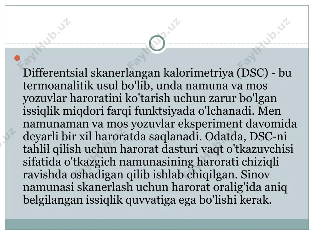 ni ko'tarish uchun mos yozuvlarga qaraganda kamroq issiqlik talab qilinadi. namuna va mos yozuvlar orasidagi issiqlik oqimining farqini kuzatish orqali differentsial skanerlash kalorimetrlari bunday o'tish paytida so'rilgan yoki chiqarilgan issiqlik miqdorini o'lchashga qodir. dsc, shuningdek, yanada nozik jismoniy o'zgarishlarni kuzatish uchun ishlatilishi mumkin, masalan, shisha o'tish (shisha o'tish haroratini o'lchash). dsc namunalarda tozaligini baholash va polimer bilan davolashni o'rganish uchun sifatni nazorat qilish vositasi sifatida sanoatda keng qo'llaniladi