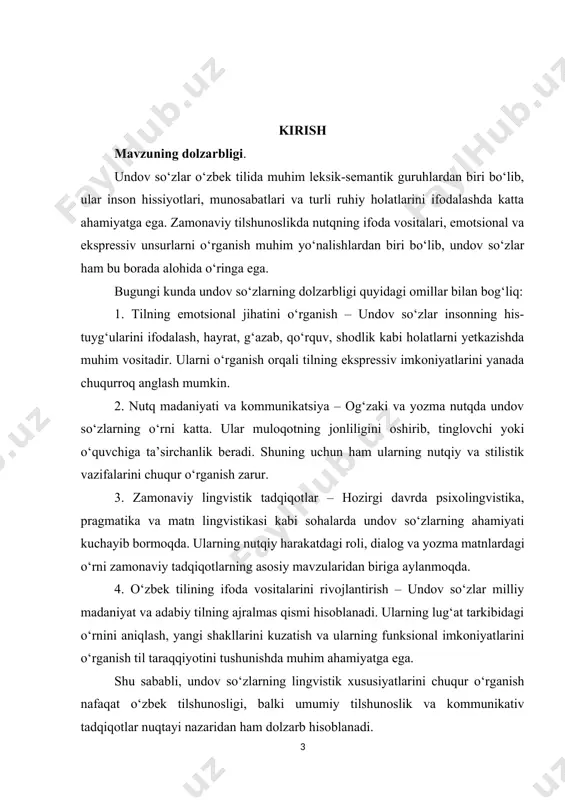 ik grammatikasida undov so‘zlarning gap tarkibida qanday vazifa bajarishi va nutq jarayonidagi o‘rni haqida mufassal ma’lumotlar keltirilgan. 4. qiyosiy va zamonaviy tadqiqotlar – undov so‘zlarning boshqa turkiy tillar bilan solishtirilgan holda o‘rganilishi ham diqqatga sazovordir. xususan, o‘zbek, qozoq, turkman va turk tillaridagi undov so‘zlarning tuzilishi va qo‘llanilish xususiyatlari bo‘yicha olib borilgan tadqiqotlar bu sohadagi bilimlarni kengaytirishga xizmat qilmoqda. xulosa qilib aytganda, undov so‘zlarning morfologik va sintaktik tahlili bo‘yicha ko‘plab ilmiy izlanishlar mavjud bo‘lsa-da, ularning zamonaviy kommunikatsiya, nutq uslublari va emotsional nutqdagi o‘rni hali to‘liq tadqiq etilmagan. shu sababli, bu yo‘nalishda yangi ilmiy izlanishlar olib borish dolzarb hisoblanadi. kurs ishining obyekti va predmeti. undov gap tushunchasi. undov gap – bu insonning hayajon, qo‘rquv, ajablanish, quvonch, g‘azab kabi hissiyotlarini ifodalovchi gap turi. bu gaplar ko‘pincha undov belgisi (!) bilan tugaydi va ba’zan undov so‘zlar bilan boshlanadi: voy, attang, oh, dod, qani, bravo, o‘h-ho‘ va boshqalar. undov gapning predmet va obyekt tushunchasi. gapdagi …
