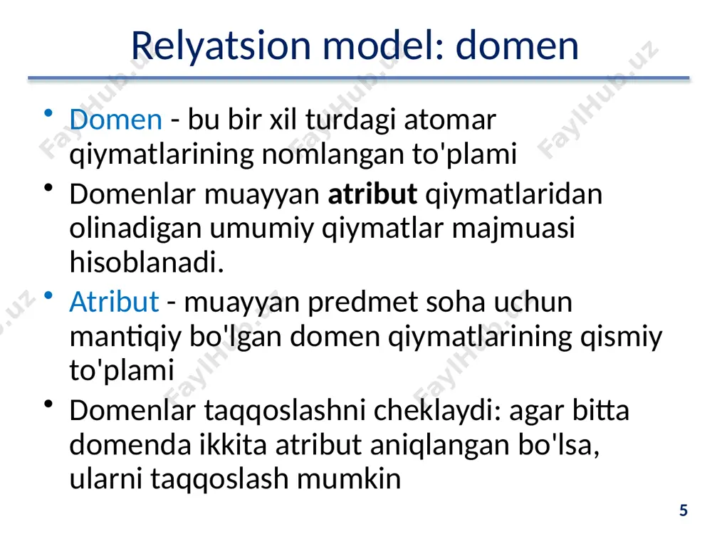 xlitlik atribut xossalariga cheklovlarni belgilash orqali ishlab chiquvchi tomonidan o'rnatiladi cheklovlarning turlari : qiymatlar nodirligi belgilash majburiy to'ldirishni amalga oshirish jimlik bo‘yicha qiymat berish qiymatlar diapozoniga kirish qiymat to'plamiga tegishlilik 34 34 relatsion model: amallar 35 35 relatsion algebra: tur bo‘yicha moslik ikki munosabatlar tipi bo‘yicha mos bo‘ladi, agar ular ekvivalent sxemalarga ega bo'lsa, ya’ni:: agar ularning har biri aynan bir xil atributlar to‘plamiga ega bo'lsa agar sxemalardagi atributlarni solishtiriadigan atributlari bir xil joylarda joylashtirish mumkin bo'lsa 36 36 relatsion algebra: tur bo‘yicha moslik 37 37 relyatsion algebra: birlashish birlashish: turi bo‘yicha mos ikkita a va b munosabatlarning birlashmasi deb, belgilangan ikkita munosabatlardan biriga yoki ikkalasiga tegishli barcha kortejlarni o'z ichiga olgan munosabatga aytiladi. 38 38 relyatsion algebra: birlashish misol: 39 39 relyatsion algebra: kesishish kesishish: turi bo‘yicha mos ikkita a va b munosabatlarning kesishmasi deb, bir vaqtning o'zida ikkita berilangan munosabatlarga tegishli barcha kortejlarni o'z ichiga olgan munosabatga aytiladi. …