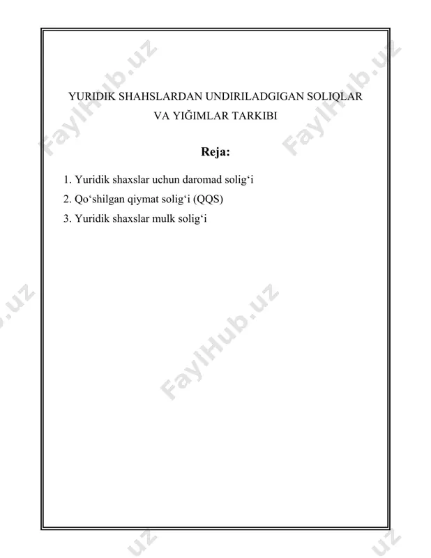madlar mavjud. bu, asosan, investitsiya loyihalarini rag'batlantirish maqsadida amalga oshiriladi. masalan, qishloq xo‘jaligi sohasida faoliyat olib boruvchi korxonalarga yoki ekologik toza texnologiyalarni qo‘llagan yuridik shaxslarga soliq imtiyozlari berilishi mumkin. soliq solish tartibi bo‘yicha, yuridik shaxslar har chorakda oldindan hisoblangan daromad solig‘ini to‘lashlari kerak, yilda bir marta esa xatovon asosida yakuniy hisob-kitoblar amalga oshiriladi. agar yil davomida to‘langan soliq miqdori kompaniyaning haqiqiy soliq majburiyatidan ko‘p bo‘lsa, ushbu ortiqcha summa keyingi soliq davriga o'tkaziladi yoki kompaniyaga qaytarilishi mumkin. yuridik shaxslarning daromad solig‘i bo‘yicha hisobot berish masalalari ham muhim hisoblanadi. har bir soliq to‘lovchi yuridik shaxs soliq davri tugaganidan keyin ma'lum bir muddat ichida soliq organlariga hisobot taqdim qilishi lozim. ushbu hisobotda korxonaning yillik daromadi, barcha xarajatlari va sof foydasi haqida batafsil ma'lumot berilishi kerak. shuningdek, soliq tushumlarining tahlili maqsadida o‘zbekiston iqtisodiy rivojlanishiga ta'sir ko‘rsatadigan turli sektorlardan olingan daromad solig‘i ulushi o‘rganiladi. masalan, ishlab chiqarish, xizmat ko‘rsatish, savdo, tekstil va boshqa sohalar bo‘yicha …