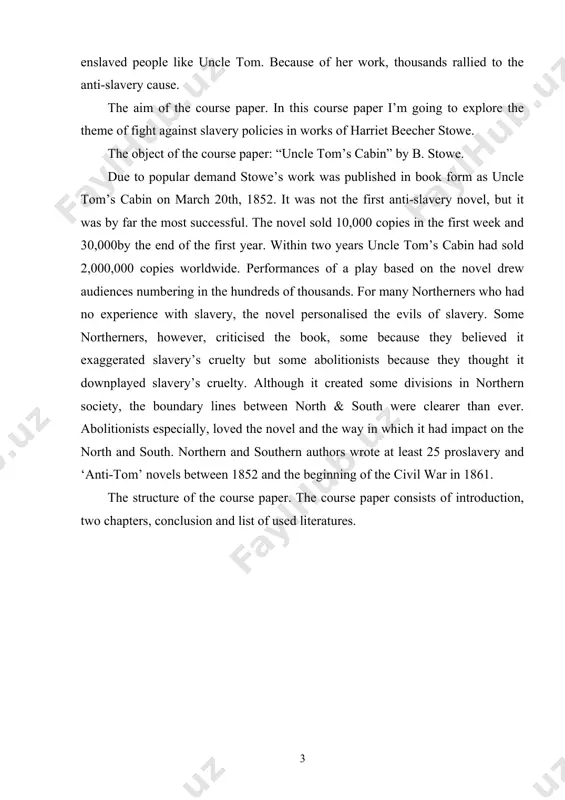 ts of introduction, two chapters, conclusion and list of used literatures. chapter i biography of harriet beecher stowe 1.1 the impacts of harriet beecher. the novel uncle tom’s cabin as written by harriet beecher stowe and published in the united states in 1852. the novel depicted slavery as a moral evil and was the cause of much controversy at the time & long after. uncle tom’s cabin had impact on various groups & publics. it caused outrage in the south and received praise in the north. it is in opinions and historical movements that the impact of this novel can be justified and shows how its publication was a turning point which helped bring about the civil war. pro- slavery novels were written to counter act these anti-slavery novels. these depicted the happy lives of slaves, and often contrasted them with the miserable existences of northern white workers. the impact …