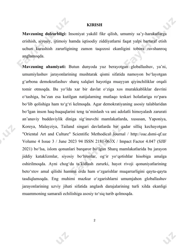 a tasdiqlamoqda. eng muhimi mazkur o‘zgarishlarni umumjahon globallashuv jarayonlarining uzviy jihati sifatida anglash darajalarining turli xilda ekanligi muammoning samarali echilishiga asosiy to‘siq turib qolmoqda. 1.1 xvi-xvii asrlarda xalqaro munosabatlar va diplomatiyaning asosiy tavsifiy xususiyatlari 15 asr oxirida yevropa yangi xalqaro munosabatlar doirasiga o‘tdi. shu davrda ko‘p mamlakatlarda absolyut monarxiyalar vujudga kelishi uchun sharoit yaratilayotgan edi. buyuk geografik kashfiyotlar yangi dunyo va sharqni yevropaga yaqinlashtirdi. ispaniya va portugaliya janubiy sharqiy osiyoda mustamlakachilik xukmronligini o‘rnatishdi. yagona davlatning vujudga kelishi siyosat shaklini o‘zgartirdi. «davlatning tashqi aloqalarga q[footnoteref:1]iziqishi» deb baholangan bu siyosat barchaga ma'qul kelgan. [1: 1. karimov i.a. o’zbekiston xxi asr bo`sag`asida: xavfsizlikka tahdid, barqarorlik shartlari va taraqqiyot kafolatlari. t., "o’zbekiston", 1997 ] absolyut monarxik davlatlarning vujudga kelishi natijasida yirik davlatlar (angliya, fransiya, ispaniya, portugaliya, daniya, shvetsiya) o‘rtacha va mayda davlatlar bilan qarama-qarshi bo‘lib qoldi. 16 asrda diplomatik xizmat tashkil qilingan bo‘lib, ular markaziy va hududiy tashkilotlardan iborat bo‘lgan va yangi davlatlarning tashqi …