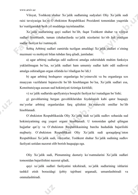 il etish borasidagi ijobiy tajribani urganadi, umumlashtiradi va ommalashtiradi. oliy xo`jalik sudining tarkibi «sudlar to`g`risida»gi qonunda o`z ifodasini topgan oliy xo`jalik sudi-rais, uning o`rinbosarlari, sudlov hay`atlari raislari, oliy xo`jalik sudi sudyalaridan iborat bo`ladi. oliy xo`jalik sudida; oliy xo`jalik sudining plenumi; oliy xo`jalik sudining rayosati; nizolarni hal etish bo`yicha sudlov hay`ati; xo`jalik sudlari qarorlarining qonuniyligi va asosligini tekshirish bo`yicha sudlov hay`ati faoliyat ko`rsatadi. o`zbekiston respublikasi oliy xo`jalik sudining raisi oliy xo`jalik sudi faoliyatiga tashkiliy rahbarlik qiladi va quyidagi vazifalarni amalga oshiradi; qoraqalpog`iston respublikasi xo`jalik sudi, viloyatlar, xo`jalik sudlari raislarining xo`jalik sudlari ishlarini tashkil qilish haqidagi ma`ruzalarini eshitadi; xo`jalik sudlari, oliy xo`jalik sudi sudlov hay`atlari va apparati ishini tashkil qilishga oid masalalarni ko`radi; qonun hujjatlarida o`ziga berilgan boshqa vakolatlarni amalga oshiradi. oliy xo`jalik sudining rayosati oliy xo`jalik sudi sudyalaridan belgilangan miqdorda tuziladi. oliy xo`jalik sudi rayosati oliy xo`jalik sudi sudyalaridan oliy xo`jalik sudi plenumi tomonidan belgilangan miqdorda tuziladi. oliy xo`jali sudi raisi …