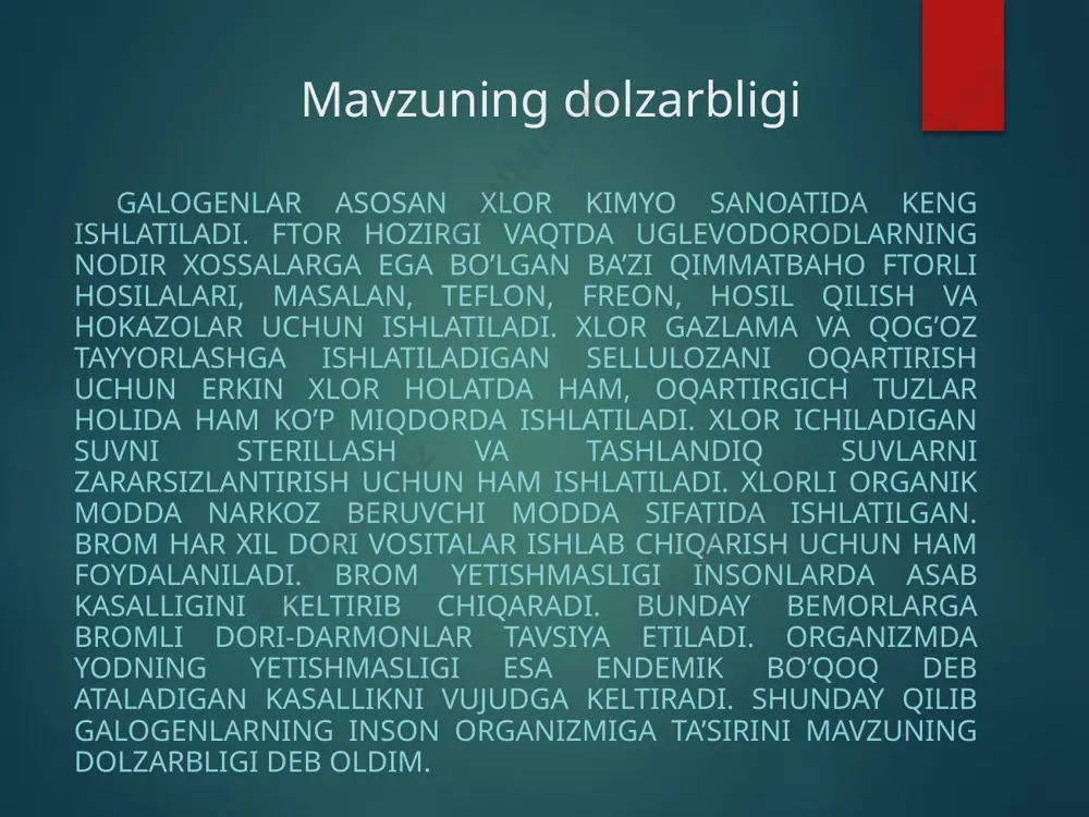 ida yod olinadi. galogenlarning fizik xossalari ftor o’ziga xos o’tkir hidli sariq tusli gaz, nafas yo’li shilliq pardalarini achitadi va nafasni bo’g’adi. gaz holatdagi ftor suyuq hf da eriydi. qattiq ftor -228 °c dan past temperaturada monoklinik tuzilishga, undan yuqorida esa kub shaklli molekulyar panjara hosil qiladi. xlor sarg‘ish - yashil tusli gaz, uning qaynash harorati -34oc, qotish harorati -101,0 oc. uy haroratida bir hajm h2o da 2,3 hajm cl2 eriydi. xlorning suvdagi eritmasi «xlorli suv» dan + 8 oc dan past haroratlarda cl2 · 8h2o tarkibli xlor gidrat ajratib olinishi mumkin. brom odatdagi sharoitda qizg’ish–qo’ng’ir rangli suyuq metallmas bo’lib, uning bug’lari bo’g’uvchi qo’lansa hidlidir. brom teriga tegsa kuydiradi, uzoq vaqt tuzalmaydigan yaralar hosil qiladi. yod qattiq modda bo’lib, metall kabi sal yaltiraydigan to’q kulrang kristallar hosil qiladi. yod odatdagi bosim ostida ohista qizdirilsa, u sublimatlanadi, ya’ni suyuqlanmay turib gunafsha tusli bug’ga aylanadi, yod bug’i sovitilsa, suyuq fazaga aylanmay, yana …