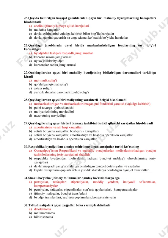 ’qotganligi uchun pensiya d) shaxsiy iste’mol xarajatlari 24.qaysi bir javobda xususiy kapital elementlari to’g’ri ko’rsatilgan a) hissadorlik kapitali, zahira kapitali, taqsimlanmagan foyda, qo’shilgan kapital b) qisqa muddatli majburiyatlar, kreditorlik qarzlari, bank kreditlari c) xissadorlik kapitali, zahira kapitali, taqsimlanmagan foyda, qo’shilgan kapital, kreditorlik qarzlar d) zahira kapitali, taqsimlanmagan foyda, qo’shilgan kapital, bank kreditlari 25.quyida keltirilgan harajat guruhlaridan qaysi biri mahalliy byudjetlarning harajatlari hisoblanadi a) aholini ijtimoiy himoya qilish harajatlari b) mudofaa harajatlari c) davlat zahiralarini vujudga keltirish bilan bog’liq harajatlar d) davlat qarzini qaytarish va unga xizmat ko’rsatish bo’yicha harajatlar 26.quyidagi javoblarnin qaysi birida markazlashtirilgan fondlarning turi to’g’ri ko’rsatilgan a) byudjetdan tashqari maqsadli jamg’armalar b) korxona nizom jamg’armasi c) uy xo’jaliklar byudjeti d) korxonalar zahira jamg’armasi 27.quyidagilardan qaysi biri mahalliy byudjetning biriktirilgan daromadlari tarkibiga kiradi a) mol-mulk solig’i b) qo’shilgan qiymat solig’i c) aktsiz solig’i d) yuridik shaxslar daromad (foyda) solig’i 28.quyidagilardan qaysi biri moliyaning xarakterli belgisi hisoblanadi a) markazlashtirilgan va …