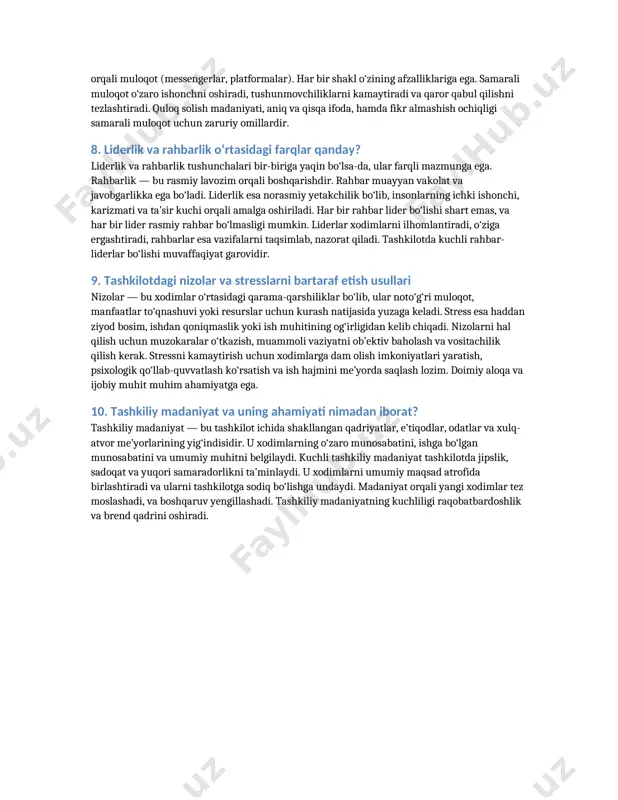 qaror qabul qilish ko‘nikmasi tashkilot ichida muvofiqlik va yuqori samaradorlikni ta’minlaydi. har bir qaror xatti-harakatda aks etadi. 5. motivatsiya tushunchasi va asosiy nazariyalarini izohlang motivatsiya — bu insonni maqsad sari harakatlantiruvchi ichki yoki tashqi omildir. tashkilotda xodimlarni mehnatga undovchi motivatsiya muhim ahamiyatga ega. asosiy nazariyalardan biri maslou ehtiyojlar ierarxiyasi bo‘lib, unda inson ehtiyojlari besh bosqichga bo‘lingan: fiziologik, xavfsizlik, ijtimoiy, hurmat va o‘zini namoyon qilish. ikkinchi mashhur nazariya — gertsbergning ikki omilli nazariyasi bo‘lib, u motivatorlar (yutuq, tan olish) va gigiyenik omillar (ish sharoiti, maosh)ni ajratadi. mcgregorning x va y nazariyalari esa boshqaruvchilarning xodimlarga qanday munosabatda bo‘lishiga asoslanadi. 6. xodimlar o‘rtasidagi muloqotning samarali shakllari qanday? xodimlar o‘rtasida samarali muloqot tashkilotning muvaffaqiyati uchun muhimdir. samarali muloqot shakllari quyidagilardan iborat: og‘zaki muloqot (yig‘ilishlar, suhbatlar), yozma muloqot (email, xatlar), norasmiy muloqot (norasmiy suhbatlar), hamda elektron vositalar orqali muloqot (messengerlar, platformalar). har bir shakl o‘zining afzalliklariga ega. samarali muloqot o‘zaro ishonchni oshiradi, tushunmovchiliklarni kamaytiradi va …
