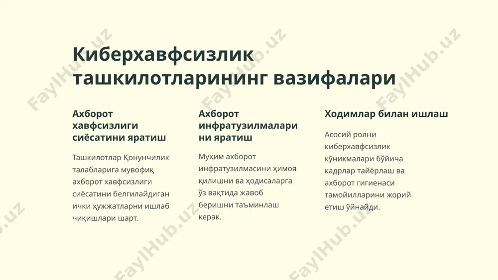 нунчилик палатаси томонидан 25 феврал куни қабул қилинган, сенатда 17 март куни маъқуллаган. 40 та моддадан иборат мазкур қонун расман эълон қилинганидан 3 ой ўтиб, 2022 йил 17 июлдан қонуний кучга киради. ҳужжатга кўра, ўзбекистонда киберхавфсизлик соҳасидаги ягона давлат сиёсатини президент белгилайди (10-модда), давлат хавфсизлик хизмати эса киберхавфсизлик соҳасидаги ваколатли давлат органи ҳисобланади. қонунда соҳадаги асосий тушунчаларга таъриф берилган. унга кўра, кибержиноятчилик – ахборотни эгаллаш, уни ўзгартириш, йўқ қилиш ёки ахборот тизимлари ва ресурсларини ишдан чиқариш мақсадида кибермаконда дастурий таъминот ва техник воситалардан фойдаланилган ҳолда амалга ошириладиган жиноятлар йиғиндиси ҳисобланади. кибермакон эса – ахборот технологиялари ёрдамида яратилган виртуал муҳитдир. шунингдек, қонунда бошқа кўплаб зарурий атамаларга ҳам изоҳ берилган. (3-модда) киберхавфсизликни таъминлашдаги асосий принциплар – қонунийлик, шахс ва давлат манфаатларини ҳимоя қилиш, соҳага ягона ёндашув, тизимни яратишда (давлат харидларида) маҳаллий ишлаб чиқарувчиларга устуворлик бериш, халқаро ҳамкорлик учун очиқлик ҳисобланади. (4-модда) ўзбекистон қўшилган халқаро шартномаларда кўзда тутилган бошқача қоидаларда устуворлик берилган. яъни, …