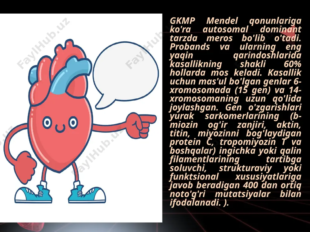 sezilarli o'sishi bilan bir xil konsentrik miokard gipertrofiyasi, ammo qorincha obstruktsiyasisiz) b) obstruktiv gkmp = subaortik stenoz - yurak qorinchalaridan qonning sistolaga chiqishi stenoziga olib keladigan interventrikulyar septumning ustun gipertrofiyasi tufayli. qopqoq aorta stenozidan farqli o'laroq, gkmpdagi obstruktsiya dinamik bo'lib, quyidagi asosiy mexanizmlardan kelib chiqishi mumkin: chap qorincha qisqarishining kuchayishi, uning sistolik hajmining pasayishiga va chiqish yo'llari orqali qonning chiqishi tezligining oshishiga olib keladi. qorincha hajmining kamayishi, bu esa chiqish yo'llarining hajmini yanada pasayishiga olib keladi aortadagi qon oqimiga qarshilikning pasayishi, subaortik hudud orqali qon oqimining oshishi va qorincha sistolik hajmining pasayishi klinikasi hech qanday shikoyat bo'lmasligi mumkin va bu holatlarda gkmp tashxisi exokardiyografik tekshiruvlar o’tkaziladi. tekshiruvlar natijalariga ko'ra (84 bemor) ko'proq tez-tez hushidan ketish, nafas qisilishi, yurakda uzilishlar hissi va boshqalar bor. qon bosimining kundalik monitoringi natijalariga ko'ra, bradikardiyaga moyillik,chq funkasiyasi kamayishi tufayli qayd etiladi. xansirash- eng erta alomatlardan biri bo'lib, bemorlarning 90% da uchraydi. nafas qisilishi qalinlashgan miokardning …