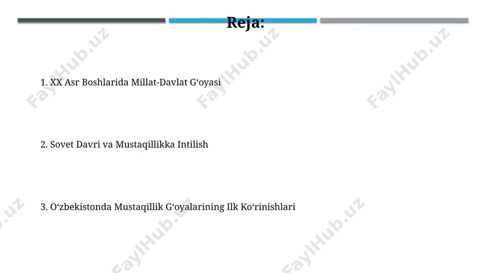 tonda mustaqillik gʻoyalarining qadimgi ildizlari xvi asrda alisher navoiy asarlarida o‘zbek xalqining mustaqillik va o‘zlikni anglash g‘oyalarining namoyon bo‘lishi, 10 dan ortiq doston va risolada aks etgan. amir temur davrida (14-asr) markazlashgan davlat tuzilishi va mustaqil tashqi siyosatning o‘rnatilishi, 50 yildan ortiq davom etgan davlat qudrati mustaqillik g‘oyasiga misol bo‘lgan. sovet davrida milliy uygʻonish va mustaqillik tarafdori fikrlar 1980-yillar oxiridagi "pervomayskiy" voqealari kabi namoyishlar, sovet rejimiga qarshi norozilikni koʻrsatib, mustaqillik tarafdori kayfiyatning oshganligini tasdiqladi. sovet davrida, 1960-1980 yillar oraligʻida, milliy til va madaniyatni rivojlantirish tarafdori boʻlgan yashirin intellektual harakatlar kuchayib, mustaqillik gʻoyalarining shakllanishiga turtki boʻldi. mustaqillik deklaratsiyasi va uning ahamiyati deklaratsiyada o'zbekistonning suvereniteti, huquqiy va siyosiy mustaqilligi, hamda o'z taqdirini o'zi belgilash huquqi kabi muhim tushunchalarni o'z ichiga olgan 16 ta modda mavjud. mustaqillik deklaratsiyasi 1991 yil 31 avgustda e'lon qilindi va butun dunyoga o'zbekistonning sssrdan mustaqilligini rasman e'lon qildi, bu o'zbekiston tarixidagi muhim burilish nuqtasi bo'ldi. e'tiboringiz uchun rahmat …