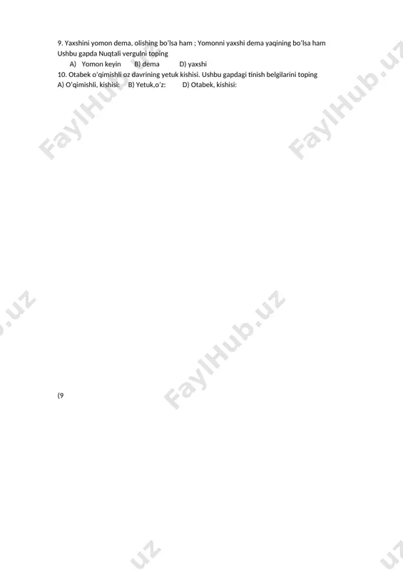 1.nuqali vergul o”zbek yozuvida qachondan boshlabkirib kelgan a.1884y b.1885y c.1886y 2.nuqtali vergul qaysi gaplar tarkibida keladi. a.boglamada. b.qoshma gaplarda d.sodda gaplarda 3.kitob ajoyib bog’ga o’xshaydi: u kishiga doimo zavq bag’ishlaydi. berilgan nuqtali vergul to’g’ri qo’yilganmi? a) ha b) yo’q d) aniq emas 4. nuqtali vergul qavslar bilan ham kelishi mumkinmi? a) mumkin b) yo’q d) ha 5. nuqtali vergul gapning boshida yoki oxirida kelishi mumkinmi? a) yo’q b) ha d) kelmaydi 6. bog’lovchisiz qo’shma gaplar tarkibida nuqtali vergul ishlatiladimi? a) ha b) yo’q d) mumkin emas 7. otabek-mard va jasur yigit. ushbu gapda teri to’g’ri qo’yilganmi ? a) ha b) yo’q d) to’g’ri 8. 5. nuqtali vergul gapning boshida yoki oxirida kelishi mumkinmi? a) yo’q b) ha d) kelmaydi 9. yaxshini yomon dema, olishing bo’lsa ham ; yomonni yaxshi dema yaqining bo’lsa ham ushbu gapda nuqtali vergulni toping a) yomon keyin b) dema d) yaxshi 10. otabek o’qimishli oz davrining …