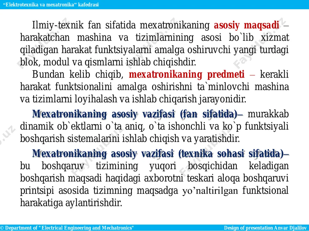 design of presentation anvar djalilov “elektrotexnika va mexatronika” kafedrasi © department of "electrical engineering and mechatronics" design of presentation anvar djalilov “elektrotexnika va mexatronika” kafedrasi mexatronika sohasi birdan ortiq sohani o’z ichiga olgan bo’lib, ular quyidagilar: - muhandislik – mexanikasi; - muhandislik – elektrik; - muhandislik – hisoblash; - kompyuter - axborot tizimi; oddiy muhandis mahsulot va jarayonni loyihalash, tahlil etish va ko’p faktrlar asosida yaratsa, mexatronik muhandis esa, loyihalash, modellashtirish, simulyasiya qilish, tahlil qilish, yangi g’oyalar bilan boyitish, timsolini yaratish va rivojlanish siklini hosil qiladi. mexatronikaning grafik simvoli mexatronikaning shiori: «intellektuallashtirishni miniaturalashtirish» https://ru.wikipedia.org/wiki/politexnicheskiy_institut_rensselera © department of "electrical engineering and mechatronics" design of presentation anvar djalilov “elektrotexnika va mexatronika” kafedrasi https://ru.wikipedia.org/wiki/politexnicheskiy_institut_rensselera https://ru.wikipedia.org/wiki/politexnicheskiy_institut_rensselera https://ru.wikipedia.org/wiki/politexnicheskiy_institut_rensselera • «mexatronika ob’ekti» deganda raqamli boshqariladigan va biror maqsadli harakatni amalga oshiruvchi predmet (mahsulot) tushuniladi. ular quyidagicha bo`lishi mumkin: • mexatronik modul; • mexatronik agregat (mashina); • mexatronik tizim. © department of "electrical engineering and mechatronics" design …