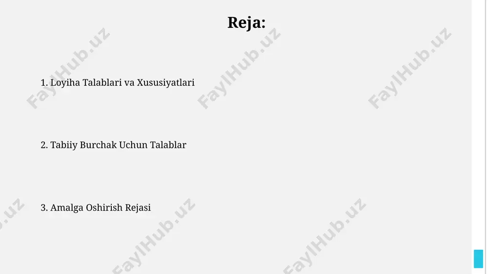 uhim. o'simliklarni gruppalashda, ranglar uyg'unligi va turli balandlikdagi o'simliklardan foydalanish orqali, 3 o'lchovli vizual effekt yaratish mumkin. parvarishlash va himoya parvarishlash rejasi yillik 2-3 marta oʻgʻitlashni, zararkunandalar va kasalliklarga qarshi profilaktik davolashni, shuningdek, oʻsimliklarning oʻsishiga qarab muntazam sugʻorishni oʻz ichiga olishi kerak. tabiiy burchakni parvarishlash va himoya qilish uchun kamida 3-5 xil oʻsimlik turi va ularning oʻzaro mosligini hisobga olish kerak, shuningdek, tuproqning unumdorligini va namlik miqdorini muntazam nazorat qilish zarur. tuproq va iqlim shartlari tabiiy burchakni yaratish uchun unumdor tuproq ph darajasi 6,0-7,5 oraligʻida boʻlishi, organik moddalar miqdori kamida 2% va yaxshi drenajlanishi kerak. iqlimiy shartlar, ya'ni yillik yogʻin miqdori kamida 500 mm va oʻrtacha harorat 10-25°c oraligʻida boʻlishi oʻsimliklarning oʻsishi uchun muhim ahamiyatga ega. e'tiboringiz uchun rahmat @taqdimot_robot image1.jpg image2.jpg image3.jpg image4.jpg image5.jpg image6.jpg image7.jpg