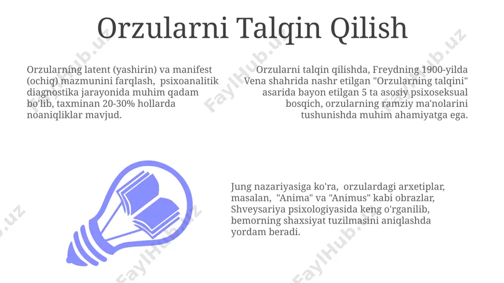 n 20 dan ortiq o'rganish natijalariga ko'ra shubha ostiga qo'yilgan bo'lib, natijalar talqinining sub'ektivligi bu testlarning aniq diagnostik vosita sifatida qo'llanilishini cheklaydi. proyektiv testlar proyektiv testlar, masalan, rorschach syohi dog'lari testi, 1920-yillarda shveytsariyada yaratilgan bo'lib, shaxsning yashirin fikrlarini va his-tuyg'ularini aniqlash uchun 10 ta noaniq tasvirlardan foydalanadi. uy, daraxt, odam chizish testi kabi proyektiv testlar, 3 ta oddiy ob'ektni chizish orqali shaxsning hissiy holatini, shaxsiy xususiyatlarini va psixologik muammolarini aniqlash imkonini beradi va bu butun dunyo bo'ylab 70 dan ortiq mamlakatda qo'llaniladi. tematik aperseptiv test (tat) kabi proyektiv testlar, 30 dan ortiq noaniq rasmlar orqali shaxsning ehtiyojlari, qo'rquvlari va ijtimoiy munosabatlariga oid hikoyalar yaratishni talab qiladi va bu amerika qo'shma shtatlarida keng qo'llaniladi. psixopatologik alomatlarni tahlil qilish психпатологик симптомларни таҳлил қилишда, масалан, 30 ёшли беморнинг депрессиясини аниқлашда, унинг ҳаётидаги муҳим воқеалар (масалан, ажралиш, ишдан бўшаш), шунингдек, унинг шахсият хусусиятлари ва муносабатлари таҳлил қилинади. тошкентдаги психиатрия клиникасида ўтказилган тадқиқотлар кўрсатишича, 75% …