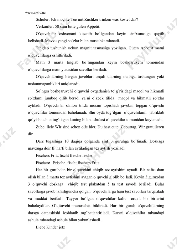 ta`minlashda barcha ditaktik prinsiplarga to`liq amal qilish o`z samarasini beradi. bu prinsiqi o`quvchilarga chet tillarga bo`lgan qiziqishlarini doimiyligini ta`minlaydi. shuning uchun o`quvchilar ma`lum grammatik yangi leksik so`z yoki birliklari haqida gap ketganda o`quvchilarni o`ziga xos yosh xususiyatlarini hisobga olgan holda xilma-xil mashqlarini bajarish maqsadga muvofiqdir. darsdan tashqari o`tkaziladigan badiiy so`z ustalari konkursi ham o`quvchilarni chet tillarga bo`lgan qiziqishlarini orttirishda katta rol o`ynaydi. konkurs boshlanishi oldidan o`qituvchi matn tayyorlaydi. matnlarni iloji boricha biror sanaga bag`ishlab o`tkazilgani ma`qul. vatan, sport va tabiat mavzulariga bag`ishlangan konkurslar o`quvchilarni vatanparvarlik ruhida ona – vatanga sadoqat ona tabiatga mehr-muhabbat ruhida tarbiyalashga yordam beradi. bu erda g.geynining hayoti va faoliyatiga doir asarlardan parchalarni ifodali o`qishni o`quvchilarga topshiriladi. chet tili o`qituvchisi va o`quvchilardan tuzilgan hay`at tomonidan o`quvchi konkurs qatnashchilarining javoblari baholanib boriladi. matn parchalaridan so`ng og`zaki nutqni o`stirishga bag`ishlangan rasm mazmuni haqida gap ketadi. 5-7-sinf o`quvchilari konkursda quyidagi mavzular to`g`risida so`zlashadilar. bizning oila, bizning maktab, bizning sinf, sabzavot …