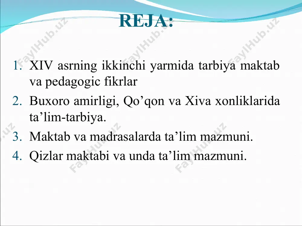 rasalarda savod o’rgatish kitobi sifatida foydalanilgan. talabalarning xonliklar davri va madaniy hayotiga doir bilimlarini takrorlashga doir blits-so’rov savollari 1. o’rta osiyoda qanqay xonliklar mavjud bo’lgan? 2. o’rta osiyoda xonliklar davrida qanday ta’lim muassasalari faoliyat ko’rsatgan? 3. o’rta osiyoda qizlar maktabini ochgan qaysi otinlarni bilasiz? 4. pedagogika tarixi fanidan olgan bilimlaringizga asoslanib, madrasalardagi o’qitish tizimi haqida qanday fikrlarni bayon eta olasiz? o’zbekcha inglizcha madrasa madrasah maktab school ta’lim education tarbiya upbringing qizlar maktabi schools of the girl husnixat calligraphy alifbo abc-book odob-axloq morality xix asrning birinchi yarmida о‘rta osiyoning yirik shaharlarida mavjud bо‘lgan maktablar va o’quvchilar soni shaharlar maktablar soni o’quvchilar soni toshkent 120 2000 buxoro 360 6000 qo’qon 300 5500 andijon 90 1700 samarqand 80 1000 marg’ilon 70 800 namangan 60 900 jizzax 10 150 qorixonalar va ularda ta’lim mazmuni ta’lim muassasasining maqsadi o’qitishni tashkil etish tartibi o’qitish mazmuni ushbu ta’limdan kо‘zda tutilgan asosiy maqsad – turli diniy marosimlarda qur’on …