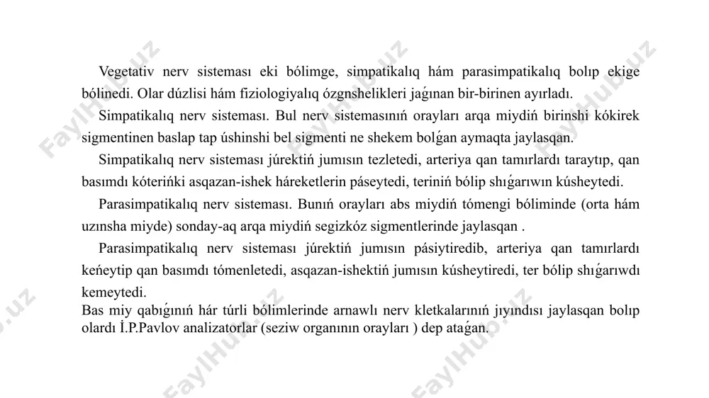 ta endolimfa suyıqlıǵı jaylasqan. súyek labirintinde baqanshaq bolıp, oniń ishinde dawıstı seziwshi kletkalar, yaǵnıy esitiw retseptorları jaylasqan. esitiw organınıń funktsiyası. orta hám ishki qulaqtıń hár biri ózine tán xızmet atqaradı. qulaq qalqanı dawıs tolqınların jıynap hám onı qulaqtıń sırtqı jolına baǵdarlaw wazıypasın atqaradı sırtqı qulaq jolı dawıs tolqınların baraban perdegi qarap ótkeredi. dawıs baraban perdeni terbeltedi, oniń terbeltiwi esitiw súyekleri arqalı ishki qulaqtıń baqanshaǵı, yarım sheńber kanalshalarındaǵı perilimfa hám endolimfa suyıqlıqların tolqınlatadı. retseptorlardıń titirkeniwi esitiw nerviniń talshıqları arqalı miy kopirshesiniń orta miyde jaylasqan qabıq ástı esitiw orayına, bunnan keyin, bas miy yarım sharları qabıǵınıń sheke bóliminde jaylasqan joqarı esitiw orayına barıp, onı qozdıradı. usı orayda jaylasqan nerv kletkalarında dawıstıń tásiri analizlenip hám sintezlenip, oniń mazmunı anıqlanadı. iyis seziw aǵzası (murin) dúzilisi • murın tek dem aliw emes, al iyis biliw funkciyasın da atqaradı. • iyis biliw zonası murin boslıǵının joqarı bóliminde, murin súyekleri astında jaylasqan. • bul aymaqta iyis receptorları …