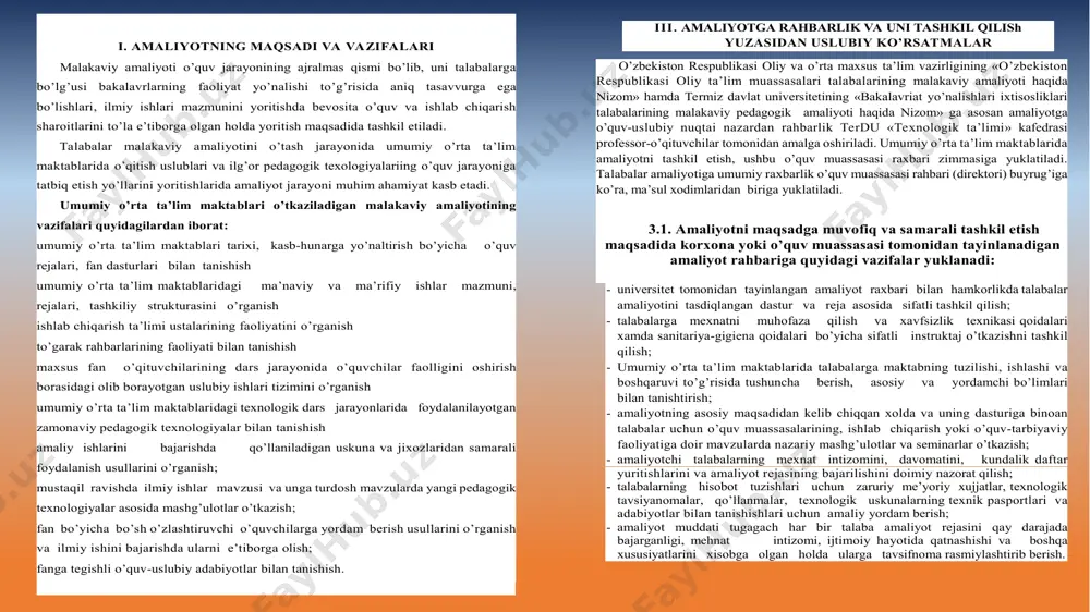 ________ hisobot kafedraga «___»______2023 yilda topshirildi. hisobot «____»__________20 23 yilda himoya qilindi. amaliyot yakuni bo’yicha baxo _____________________ 2-ilova. talaba hisobotni zarvaraqqa qo’l yozmada yozishda quyidagi talablarga rioya qilishi lozim: 2 sm y o' l l a n m a №__ termiz davlat universiteti milliy libos va san'at fakul`teti 5112100- texnologik ta'lim yo'nalishi 4-kurs talabasi ____________________________ ni o’zbekiston respublikasi oliy ta’lim, fan va innovatsiyalar vazirl igi tomonidan tasdiqlangan o'quv reja va dasturiga asosan ____________________________ ____-umumiy o'rta ta'lim maktabida malakaviy amaliyotni o'tash uchun yuborilmoqda. amaliyot muddati: 202 3 yil “___” _____dan 2023 yil “___” ______gacha fakul`tet dekani: dots. a.to'raqulov. kafedra mudiri: prof. m. shomirza yev m a ' l u m o t n o m a termiz davlat un iversiteti milliy libos va san'at fakul`teti 5112100 - texnologik ta'limi yo'nalishi 4-kurs talabasi _________________________ ni o’zbekiston respublikasi oliy ta’lim, fan va innovatsiyalar vazirligi tomonidan tasdiqlangan o'quv reja va dastu riga asosan 2023 …