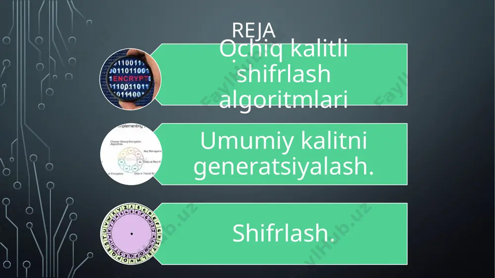 i qobiliyatdir. markazlashtirilgan boshqaruv asosiy ma'lumotlarni tarqatish va hatto masofaviy sub'ektlarning bir-biriga kirishini cheklash siyosati. ushbu yondashuv needham-schroeder protokolida va unga asoslangan kerberos autentifikatsiya protokolida amalga oshiriladi. foydalanuvchilar o'rtasida seans kalitlarini to'g'ridan-to'g'ri almashish qarama-qarshi tomonlar o'rtasida xavfsiz ma'lumot almashishda maxfiy kalitga ega kriptotizimdan foydalanish imkoniyatiga ega bo'lish uchun o'zaro ta'sir qiluvchi tomonlar umumiy sirni ishlab chiqishlari kerak, buning asosida ular ma'lumotlarni xavfsiz shifrlashi yoki xavfsiz tarzda seans kalitlarini yaratishi va almashishi mumkin. birinchi holda, umumiy sir - bu seans kaliti, ikkinchi holda, asosiy kalit. diffie-hellman protokoli diffie-hellman protokoli birinchi ochiq kalit algoritmi edi (1976). ushbu protokolning xavfsizligi diskret logarifmlarni hisoblash qiyinligiga asoslanadi. a va b foydalanuvchilariga umumiy sirni ochishga ruxsat bering. buning uchun ular quyidagi amallarni bajaradilar. a va b tomonlar n foydalanilgan modul bo'yicha kelishib olishadi va g ibtidoiy element haqida ham, ularning vakolatlari 1 dan n gacha bo'lgan raqamlar bilan tuzilgan n-1. 1. ochiq elementlar n va g …