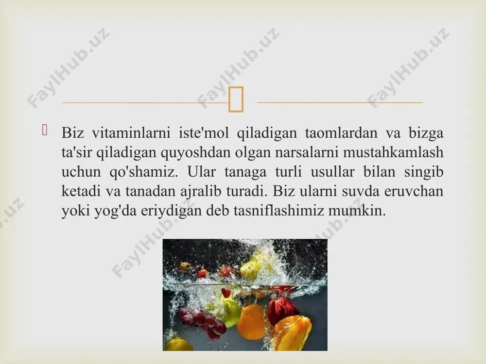 ta metabolizm va gormonlarning shakllanishiga yordam beradi. vitamin c (askorbin kislotasi) temirni emiruvchi va kollagen sintez qilish uchun muhim ahamiyatga ega . u umumiy immun funktsiyasini takomillashtirishda yaralarni davolash va suyak shakllanishiga yordam beradi.  yog'da eriydigan vitaminlar yog'da eriydigan vitaminlar yog'da eriydi. ular mayda ichak orqali o'tadigan va qon oqimidagi tanada tarqalgan yog 'globullari tomonidan so'riladi. suvda eriydigan vitaminlardan farqli o'laroq, yog'da eriydigan vitaminlar jigar va yog'li (adipoz) to'qimalarda saqlanadi, ular kelgusida ishlatish uchun juda ko'p miqdorda yuqori yog'li ovqatlarda topiladi va yog 'bilan iste'mol qilingan holda yaxshiroq so'riladi.  yog'da eriydigan vitaminlar osonlik bilan chiqarib yuborilmasligi sababli, ular ortiqcha qabul qilinsa toksik darajalarga to'planishi mumkin. yaxshi muvozanatli dieta zaharliligiga olib kelmasa, yog'da eriydigan vitaminlarga qo'shimcha dozalarni yuborish mumkin.  yog'da eriydigan to'rt xil vitamin mavjud, ularning har biri turli xil afzalliklarga ega: vitamin a suyak shakllanishi, tish shakllanishi va ko'rish uchun ajralmas hisoblanadi. ichaklarni to'g'ri ishlayotgan vaqtda immun …