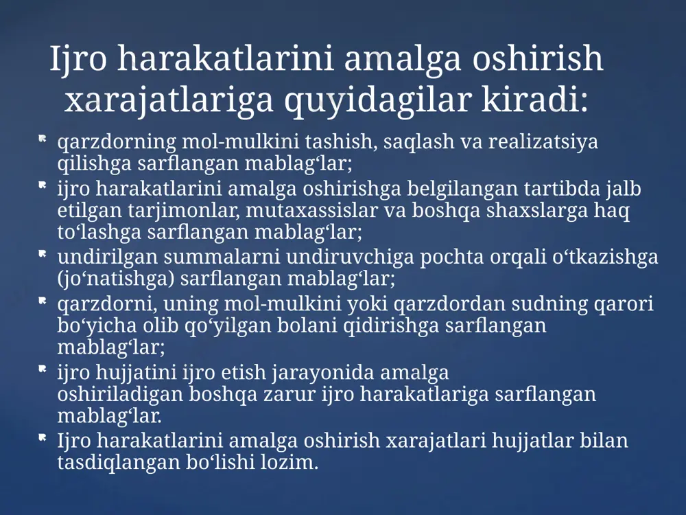 adi. undiruvlar navbati ijtimoiy sug‘urta bo‘yicha talablar; jinoyat yoki ma’muriy huquqbuzarlik oqibatida jismoniy va yuridik shaxslarning mol-mulkiga yetkazilgan zararni qoplash bo‘yicha talablar qanoatlantiriladi. ikkinchi navbatda: uchinchi navbatda majburiy sug‘urta organlarining talablari qanoatlantiriladi. to‘rtinchi navbatda kreditorlarning mol-mulk bilan ­ta’minlangan talablari qanoatlantiriladi. beshinchi navbatda kreditorlarning mol-mulk bilan ­ta’minlanmagan talablari qanoatlantiriladi. oltinchi navbatda qolgan barcha talablar qanoatlantiriladi. /docprops/thumbnail.jpeg