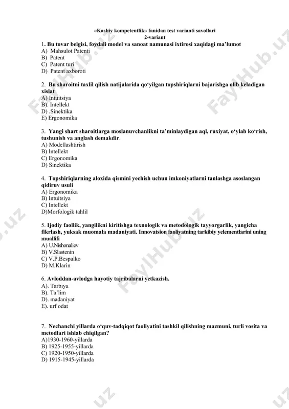 tida nazariy va amaliy tomondan asoslandi, uning qo‘llanilish afzalliklari ochib berildi. a) 1970-1983-yillarga b) 1960-1980-yillarga d) 1940-1990-yillarga e) 1950-1973-yillarga 9. kopetentli nima ? a) kasbiy individuallikning yorqin ko‘rinishi b) miqdor o‘zgarishlaridan sifat o‘zgarishlariga o‘tish, o‘sish. c) qonun, nizom yoki boshqa hujjatlar orqali muayyan tashkilot yoki mansabdor shaxsga nisbatan belgilangan vakolatlar doirasi.u yoki bu sohaga oid bilim va tajriba d) muayyan soha bo‘yicha bilimli, ma’lumotga yega bo‘lgan, obro‘-e’tiborli 10. “modernizatsiya” nima? a) inglizcha “modern” so‘zidan tashkil topib, o‘zbek tilida “zamonaviylashtirish”, “takomillashtirish” ma’nolarini bildiradi. b) fransuz “modern” so‘zidan tashkil topib, o‘zbek tilida “zamonaviylashtirish”, “takomillashtirish” ma’nolarini bildiradi. d) turkcha “modern” so‘zidan tashkil topib, o‘zbek tilida “zamonaviylashtirish”, “takomillashtirish” ma’nolarini bildiradi. e) ispancha “modern” so‘zidan tashkil topib, o‘zbek tilida “zamonaviylashtirish”, “takomillashtirish” ma’nolarini bildiradi. 11 . …-qonun, nizom yoki boshqa hujjatlar orqali muayyan tashkilot yoki mansabdor shaxsga nisbatan belgilangan vakolatlar doirasi.u yoki bu sohaga oid bilim va tajriba. a) kompetensiya b) kompetentli d) intellekt e) intuitsiya …