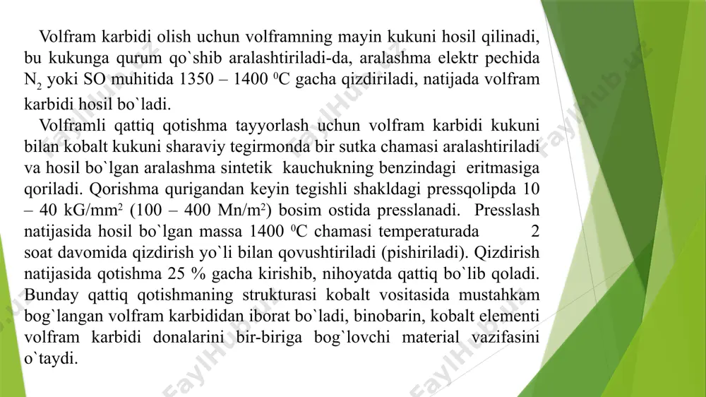 ichlar va kukun ko`rinishida tayyorlanadi. ular yangi yoki eyilgan detallarga va shtamp, metallar qirqadigan keskichlar, tokarlik dastgohlarining markazlari kabi asboblarga suyultirib yopishtiriladi. suyultirib yopishtirish atsetilen-kislorodli alanga yoki elektr yoyi yordamida amalga oshiriladi. sirtiga suyultirib yopishtiriladigan detal yoki asboblar qimmat turadigan legirlangan po`latlarni tejash maqsadida oddiy uglerodli po`latlardan tayyorlanadi. yuqorida qayd qilingan qotishmalar po`lat detallarga ham, cho`yan detallarga ham suyultirib yopishtirilaveradi. quyma qattiq qotishmalar bilan qoplangan detal va asboblarning puxtaligi 12 va undan ham ko`p marta ortadi. * qattiq qotishma rusumi oxiridagi harflari v – qotishmaning yirik donli, m – mayda donli ekanligini bildiradi. zarrador qattiq qotishmalardan bo`lmish stalinit ekskavator detallari, parmalash iskanalarining eyilishga chidamliligini oshirish uchun stellitlar o`rniga ishlatiladi. benardos usulida ko`mir yoki grafit elektrodlar bilan hosil qilinadigan elektr yoyi yordamida suyultirib yopishtiriladi. elektrodbop qattiq qotishmalar zarrador qotishmalarga o`xshash ishlatiladi. ular diametri 5 – 6 mm bo`lgan, grafit, ferroqotishma, bor karbiddan iborat maxsus talab bilan suvalgan elektrod ko`rinishida ishlatiladi. quyma …