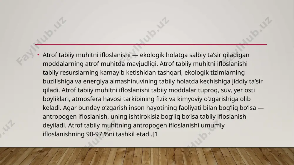 avf ostiga qo'yadi va inson salomatligiga zarar keltiradi. . tuproq ifloslanishi: kimyoviy o'g'itlar, zararkunanda dori vositalari va sanoat chiqindilari tuproqni ifloslaydi. bu o'simlik qoplamini yo'q qilishi va oziq-ovqat zanjiriga zaharli moddalar kirishiga sabab bo'lishi mumkin. shovqin ifloslanishi: yo'l harakati, qurilish ishlari va sanoat mashinalaridan keladigan ortiqcha shovqin inson salomatligiga salbiy ta'sir ko'rsatadi. shovqin ifloslanishi, stress, uyqu buzilishlari va eshitish muammolariga olib kelishi mumkin. . atrof-muhit ifloslanishini oldini olish uchun qanday chora-tadbirlar ko'rish kerak: qayta tiklanadigan energiya manbalaridan foydalanish: fosil yoqilg'ilarning yonishi havo ifloslanishiga va issiqxona gazlari chiqindisiga olib keladi. quyosh, shamol va gidroelektr kabi qayta tiklanadigan energiya manbalaridan foydalanish atrof-muhit ifloslanishini kamaytirishda muhim qadamdir . qayta ishlash va chiqindi boshqaruvi: chiqindilarni qayta ishlash va organik chiqindilarni kompost qilish, atrof-muhit ifloslanishini kamaytirishning samarali usullaridan biridir. plastik, shisha va metall kabi materiallarni qayta ishlash tabiiy resurslarni saqlashga hissa qo'shadi. yashil hududlarni himoya qilish va ko'paytirish: daraxtlar va o'simliklar karbonat angidridni yutib, havo …