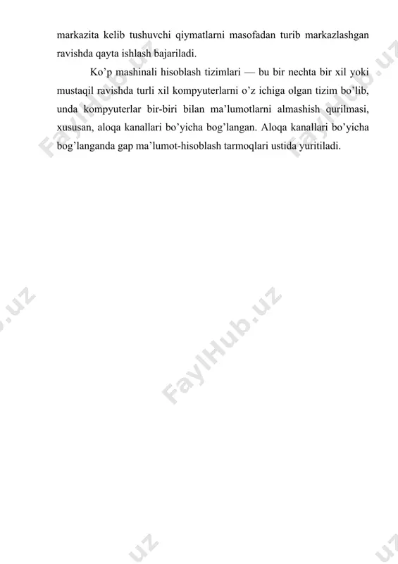 jo’natish hollarini bartaraf etish rejimi statsionar va dinamik rejim bo’lishi mumkin. axborot jo’natish mexanizimi markazlashtirilgan va markazlashtirilmagan bo’lishi mumkin. har qanday kompyuter tarmog’idan foydalanishning shu tarmoqqa xos qoidalari, ya‘ni protokollari ishlab chiqilgan. 2. shahar miqyosidagi kompyuter tarmoqlari (metropolitian area networks mans). shahar miqyosidagi kompyuter tarmoqlari umuman olganda lokal kompyuter tarmoqlariga o’xshash bo’lib, ishlash texnologiyasi deyarli bir xil. odatda manlarga qo’shni ofislar birlashtiriladi. yoki shahar miqyosidagi korxonalar ofislari birlashtiriladi. manlar xususiy tarmoqlar bo’lishi mumkin. manlarni lokal televizion tarmoqlarga ham ulash mumkin. manlarning alohida kategoriyalariga bo’linishi sabab shundaki, ular uchun xalqaro standartlar ishlab chiqilgan. bu standartning nomi dqdb (distributed queue dual bus)-tarkatilgan navbat ikqilangan kanal, magistral. dqdb –standarti bo’yicha kompyuterlarni tarmoqqa ulash sxemasi quydagicha bo’ladi. bu sxema 2 ta bir xil magistrantdan iborat bo’lib, bo’larga tarmoqqa kiradigan kompyuterlar kiradi. har bir magistral axborotlarni jo’natish qurilmasiga ega bo’ladi. bu qurilma head–end (boshi-oxiri) deyiladi. har bir kompyuterdan bu kompyuter o’ng tomonga joylashgan kompyuterlarga axborot …