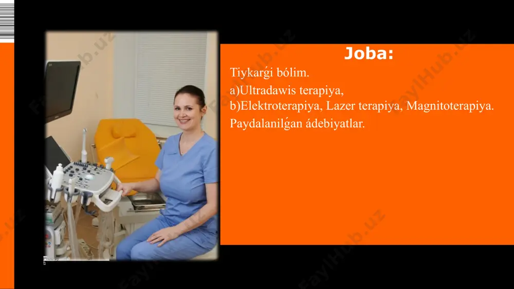 di jawatuǵin kózáynek taǵiń. magnit maydanı tásirine tiykarlanǵan bul usıl awırıwdı ketiredi hám toqımalardıń dúzeliwin tezlestiredi. btl kompaniyasınıń magnitoterapiya quralları bazardaǵı usıǵan uqsas úskeneler ishinde eń kúshlisi esaplanadı. patentlengen fokuslı magnit maydanı texnologiyası qollanılatuǵın kóplegen applikatorlardan ózińizge keregin tańlap alıwıńız múmkin - bunday texnologiyalı úskenelerdi tek ǵana biziń kompaniyamız islep shıǵaradı.sezip túsinetuǵın hám sensorlı basqarılatuǵın ekran, biriktirilgen emlew tártibi - bulardıń barlıǵı fizioterapiya úskenelerinen paydalanatuǵın qánigelerdiń jumısın ádewir ańsatlastıradı. 1 2 ginekologiyadaǵı fizioterapiya qisqa tolqınlı diatermiya. btl kompaniyası btl-4000 premium g úskenesinde ginekologiyada qollanılatuǵın uqsası joq usıllardı jámlegen. onıń járdeminde hayal-qızlardıń biypushlıǵı, jambas aldı bulshıq etleriniń hálsizligi, sozılmalı asqınıw, kataral mastit, hámiledardı joq etiwge ádetleniw sindromı sıyaqlı keselliklerdi emlew múmkin. emlewdiń bul usılı toqima hám organlardı joqarı jiyilikli qısqa tolqın menen qızdırıwǵa tiykarlangan. btl-6000 shortwave 400 úskenesinde payda bolatuģın tolqın toqıma ilajı barınsha tereń kiredi - infraqızıl nur, ıssı vanna yamasa kompress penen qızdırǵandaģıdan da tereńirek kiredi. paydalanilǵan ádebiyatlar. 1.m.a. …