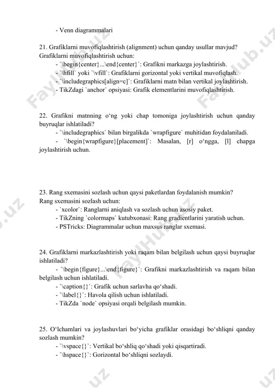 ulalar uchun quyidagi muhitlar mavjud: - `math`: satr ichida matematik formulalar yozish uchun. - `displaymath` yoki `equation`: ajratilgan matematik formulalar uchun. - `align` va `align*`: ko‘p qatorli matematik tenglamalar uchun. 27. matematik formulalarni satr ichida yozish uchun qanday sintaksisdan foydalaniladi? satr ichidagi matematik formulalar uchun $...$ belgilaridan foydalaniladi: $e = mc^2$ 28. ajratilgan formulalarni yozish uchun qaysi muhitlardan foydalaniladi? - `\[...\]`: ajratilgan formulalar uchun eng sodda usul. - `equation`: ajratilgan formulani avtomatik raqamlash bilan. - `align` yoki `align*`: ko‘p qatorli formulalar uchun. 29. \[...\] va \begin{equation}...\end{equation} muhitlarining farqi nimada? - `\[...\]`: formulalarni ajratilgan holda yozadi, lekin raqam qo‘shmaydi. - `\begin{equation}...\end{equation}`: formulalarni raqamlash bilan birga yozadi. 30. matn ichida qisqa matematik ifodalarni kiritish uchun qanday belgilar ishlatiladi? qisqa matematik ifodalar uchun $...$ yoki \( ... \) ishlatiladi: $e = mc^2 \quad \text{or} \quad \(e = mc^2\) 31. latex hujjatida formulalar qanday qilib raqamlab chiqiladi? ajratilgan formulalarni avtomatik raqamlash uchun quyidagi muhitlardan …