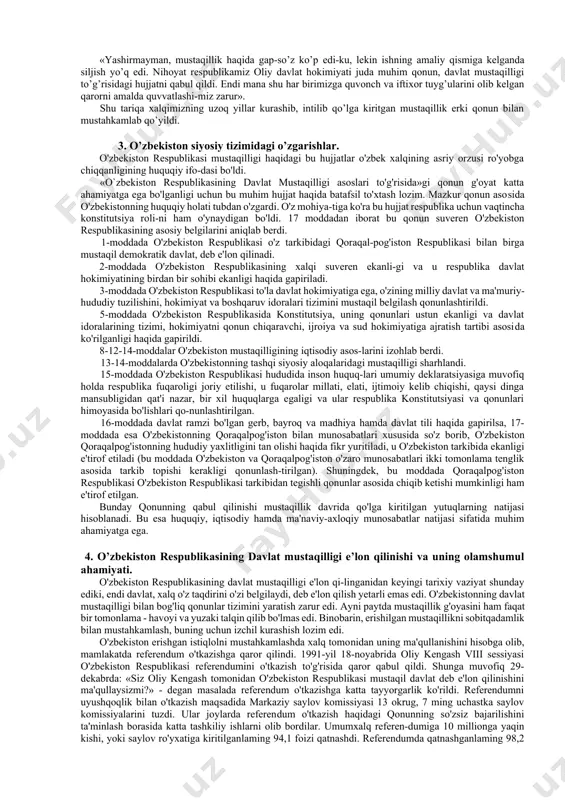 atlarda mustaqillikka erishish masalasi dunyoni keng qamrab olgan tarixiy jarayonga aylandi. o’zbekistonning mustaqillikka erishishi ana shu olamshumul jarayon tarkibida yuz berdi. «xalqlarning ozodlik, mustaqillik, baxt-saodatga azaliy intilishi, o’z taqdirini o’zi belgi-lashga azm-u qarori hayotdagi chuqur o’zgarishlarni harakatga keltiruvchi kuchdir», - degan edi islom abdug’aniyevich karimov. xx asr 90-yillarining boshlariga kelib o’zbekistonda xalqning ana shu azaliy orzusini amalga oshirish kun tartibidagi bosh masala bo’lib qoldi. mamlakatda shunday vaziyat vujudga keldiki, bir tomondan: zo’ravonlikka asoslangan, ma’muriy buyruqbozlikka xos bo’lgan markazlashgan davlat saqlanib qoladimi yoki demokratik jarayon-lar chuqurlashishi evaziga ittifoqdosh respublikalar suvereniteti ta’minlanadimi? - degan masala dolzarb bo’lib qoldi. ikkinchi tomondan, o’sha davrdagi sssr rahbariyati mamlakat ichkarisidagi vaziyatni to’g’ri baholay olmadi, milliy respublikalarda mustaqillikka erishishga intilishning tobora kuchayib borayotganining oldini ololmay qoldi. sssr oliy soveti ham, sssr prezidenti va hukumati ham in-qiroziy holatdan chiqishning yo’lini topa olmay qoldi. xullas, 90-yillarning boshlariga kelganda markaz va ittifoqdosh jumhuriyat-lar o’rtasidagi munosabatlar keskinlashib, markaziy hokimiyatning obro’yi pasayib …