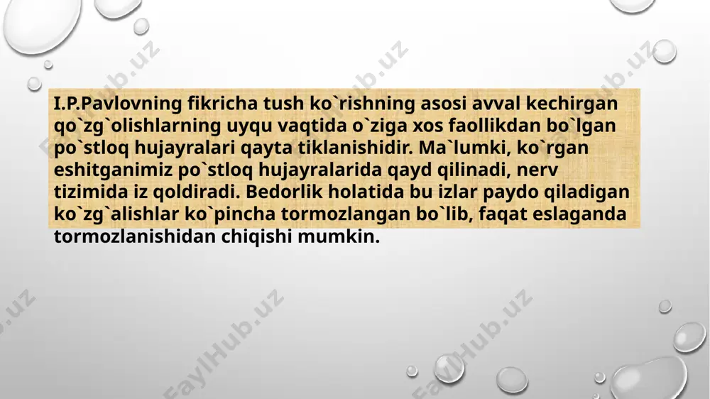 i eslab qololmaydi. gipnozga moyillik odamning yoshiga, jinsi va salomatliligi, charchaganliga, idroki va boshqa shaxsiy xususiyatlariga bog`liq. gipnoz vaqtida gipnozchi gipnotikning ongiga ta`sir o`tkazadi, uning xoxishi bilan hisoblashmasdan o`zi xoxlagan narsaga ishontiradi. gipnoz nazariyasi hali to`liq ishlab chiqilmagan. psixologiya nuqtai nazaridan gipnoz odam idrokining taslim bo`lishi va gipnozchining buyruqlarini ko`r-ko`rona bajarishidan iborat. gipnoz vaqtida odamning oliy nerv faoliyati keskin o`zgaradi, uni sezgilari o`zgarganiga masalan og`riqni yo`qolganiga ishontirish mumkin. e’tiboringiz uchun raxmat! image2.png image4.jpeg image3.png image5.jpeg image6.png image7.png image8.png image9.png image10.png image11.png image12.png image1.png