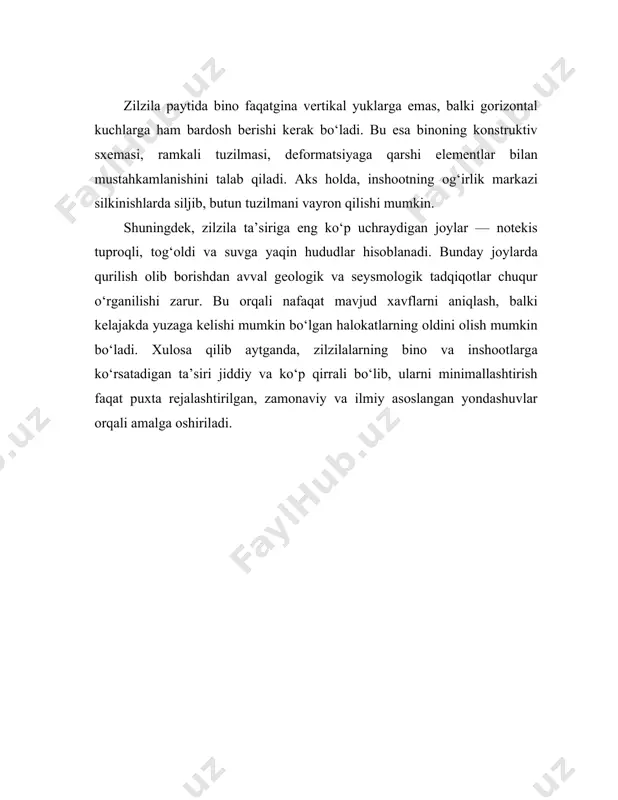 lish texnologiyalarining rivojlanishi natijasida 3d bosma (printer) usulida yaratilayotgan inshootlar ham zilzilabardoshlik nuqtai nazaridan istiqbolli hisoblanmoqda. bu texnologiya orqali har bir detal aniq hisob-kitob asosida, muayyan geometrik shakllar asosida ishlab chiqiladi, bu esa silkinish kuchlarini teng taqsimlash imkonini beradi. 3d bosma orqali ishlangan materiallar zichligi va shakli tufayli an’anaviy g‘isht va betondan ko‘ra barqarorroq bo‘lishi mumkin. shuningdek, mahalliy sharoit va yer tuzilmasiga mos keluvchi materiallardan foydalanish ham muhim. masalan, ayrim hududlarda loy, yog‘och yoki tosh kabi tabiiy materiallar zamonaviy usullar bilan qayta ishlanib, ular seysmik barqarorlikka ega konstruktsiyalarga aylantirilmoqda. bu esa ekologik jihatdan toza bo‘lishi bilan birga, iqtisodiy tejamkorlikni ham ta’minlaydi. yana bir muhim jihat — zilzilabardoshlikni ta’minlovchi materiallar va texnologiyalar faqat yangi qurilishlar uchun emas, balki mavjud binolarni mustahkamlashda ham qo‘llanishi mumkin. masalan, eski binolarni karbon tolali lenta, po‘lat armatura bilan o‘rash, poydevor va devor qismlarini qayta betonlash kabi usullar orqali ularning seysmik xavfsizligi oshiriladi. umuman olganda, zilzilabardoshlikni ta'minlash …