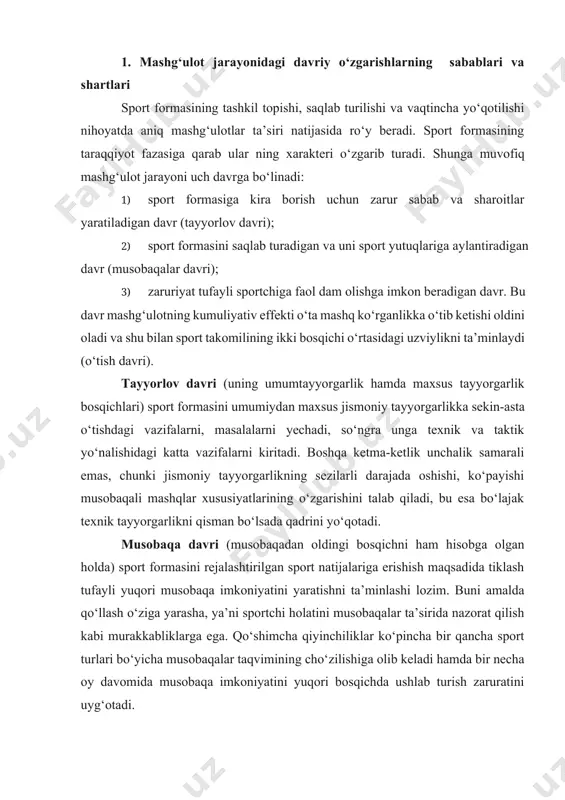 yinchiliklar ko‘pincha bir qancha sport turlari bo‘yicha musobaqalar taqvimining cho‘zilishiga olib keladi hamda bir necha oy davomida musobaqa imkoniyatini yuqori bosqichda ushlab turish zaruratini uyg‘otadi. o‘tish davri musobaqa yuklamasi o‘zgarishining yo‘nalishi, maxsus tayyorgarlik vositalarining qisqarishi, faol dam olish bilan bog‘liq. shu tufayli keyingi makrotsiklda avvaliga musobaqa imkoniyatining alohida komponentlarini oshirish mumkin, keyin esa sport formasiga erishishi orqali uni yuqori bosqichga olib chiqishi mumkin. bundan kelib chiqadiki, o‘tish davrini sport mashg‘ulotiga kiritish makrotsiklini kerakli holatda saqlanishning zaruriy talablaridan biridir. mashg‘ulotning ko‘p yillik jarayonining turli yo‘nalish va bosqichlaridagi vazifalari va mazmunlari keyingi bobda qisqacha ko‘rib chiqiladi, faqat sportchining ko‘p yilligidan tashqari. bu bosqich sport mashg‘ulotining ko‘p yillik jarayonini yakunlaydi va erishilgan natijalarni, ko‘nikish jarayonini, texnik, taktik musobaqa tajribasi orqali pasayishni, yosh bo‘yicha o‘rnini to‘ldirish tufayli barqaror holatda bo‘lishini ta’minlaydi. keyingi bosqichda (umumiy ishchanlikni saqlab turish) jismoniy tarbiya mashqlarining sistematik vazifalarini davom ettir[footnoteref:1]ish zarur, aks holda, faoliyatning birdaniga o‘zgarishi inson salomatligiga salbiy ta’sir …